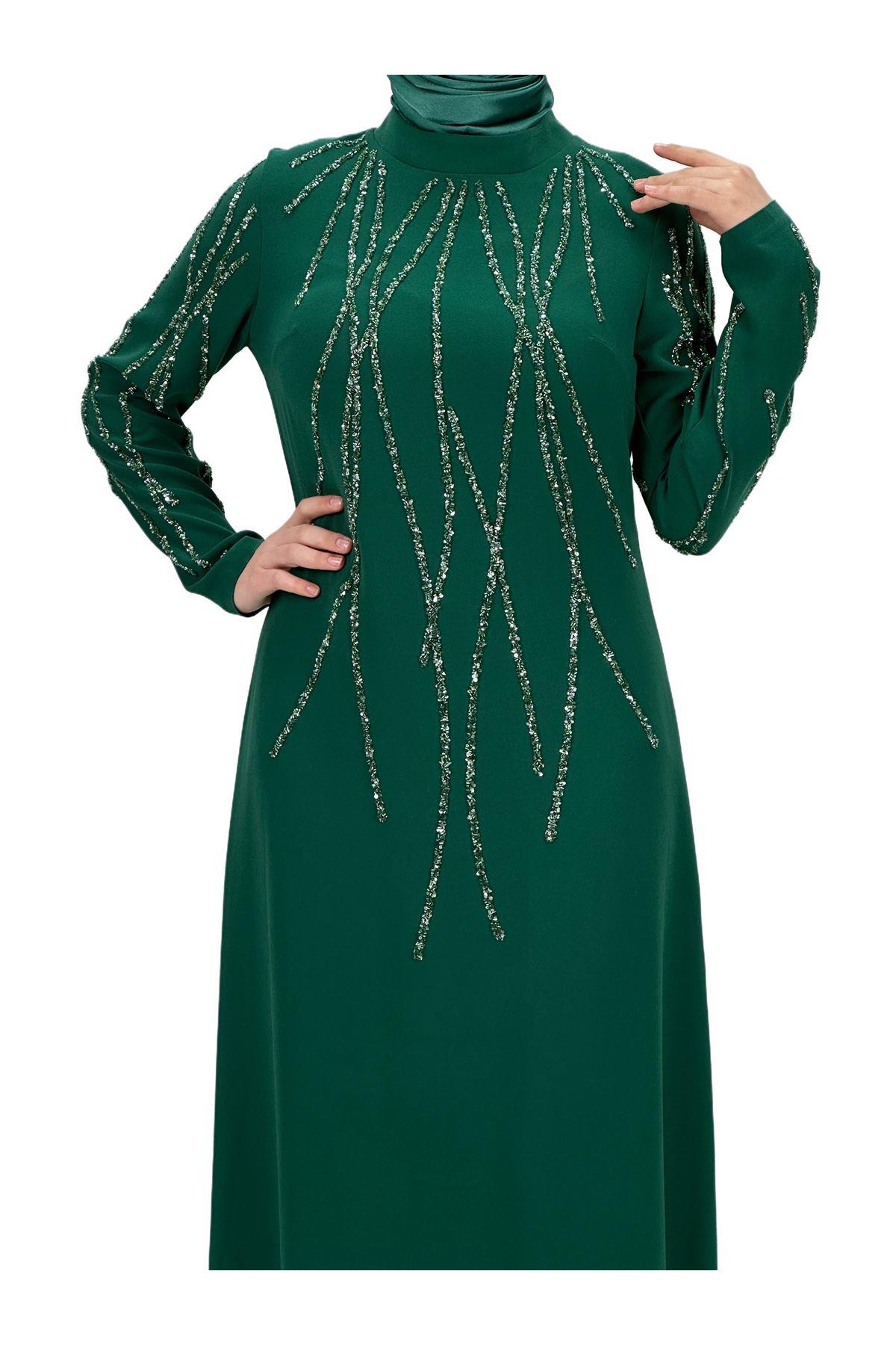 Taş İşlemeli Abiye Elbise Yeşil OTW4660