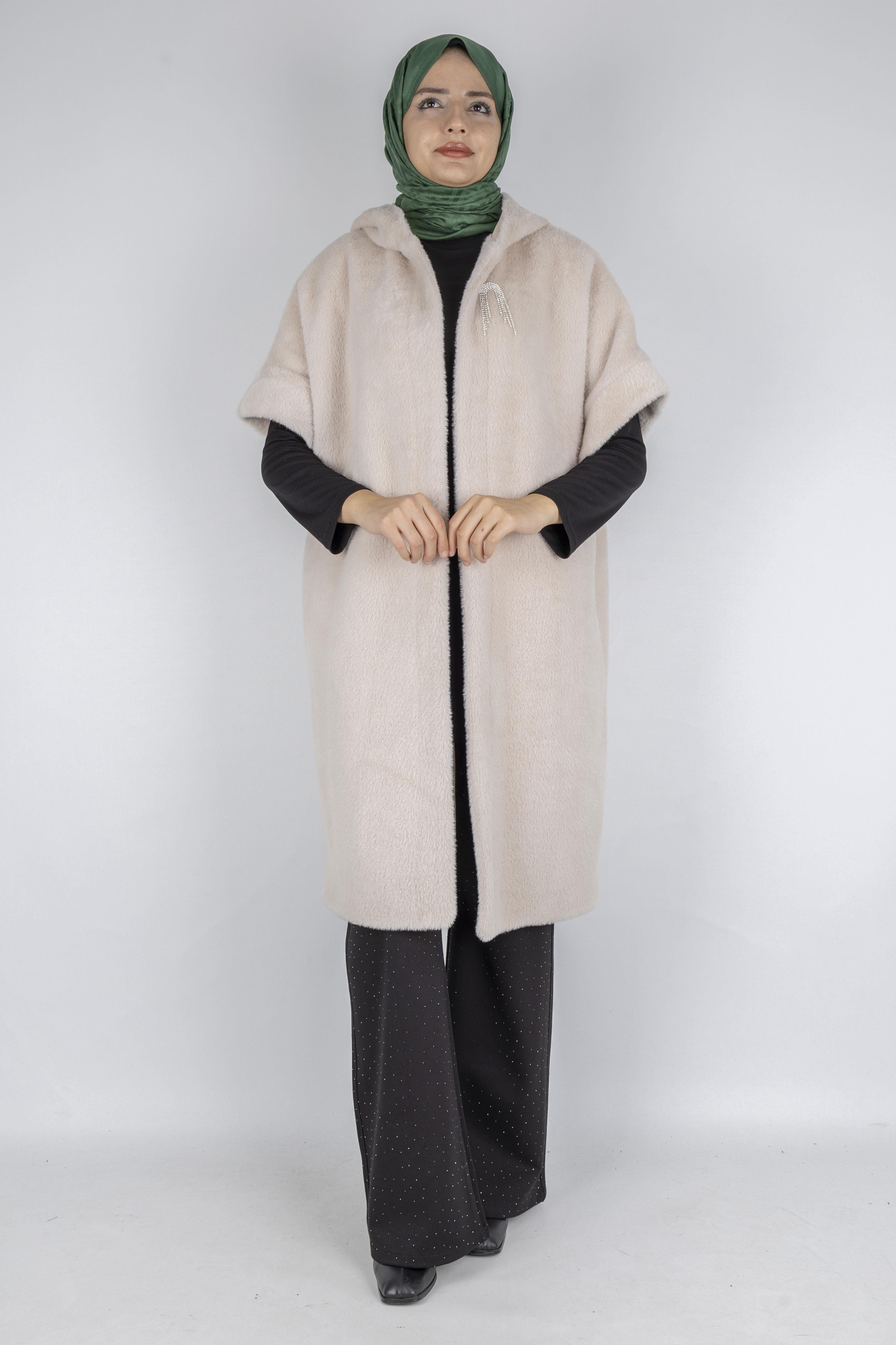 Angora Kapüşonlu Yelek Taş OTW9279