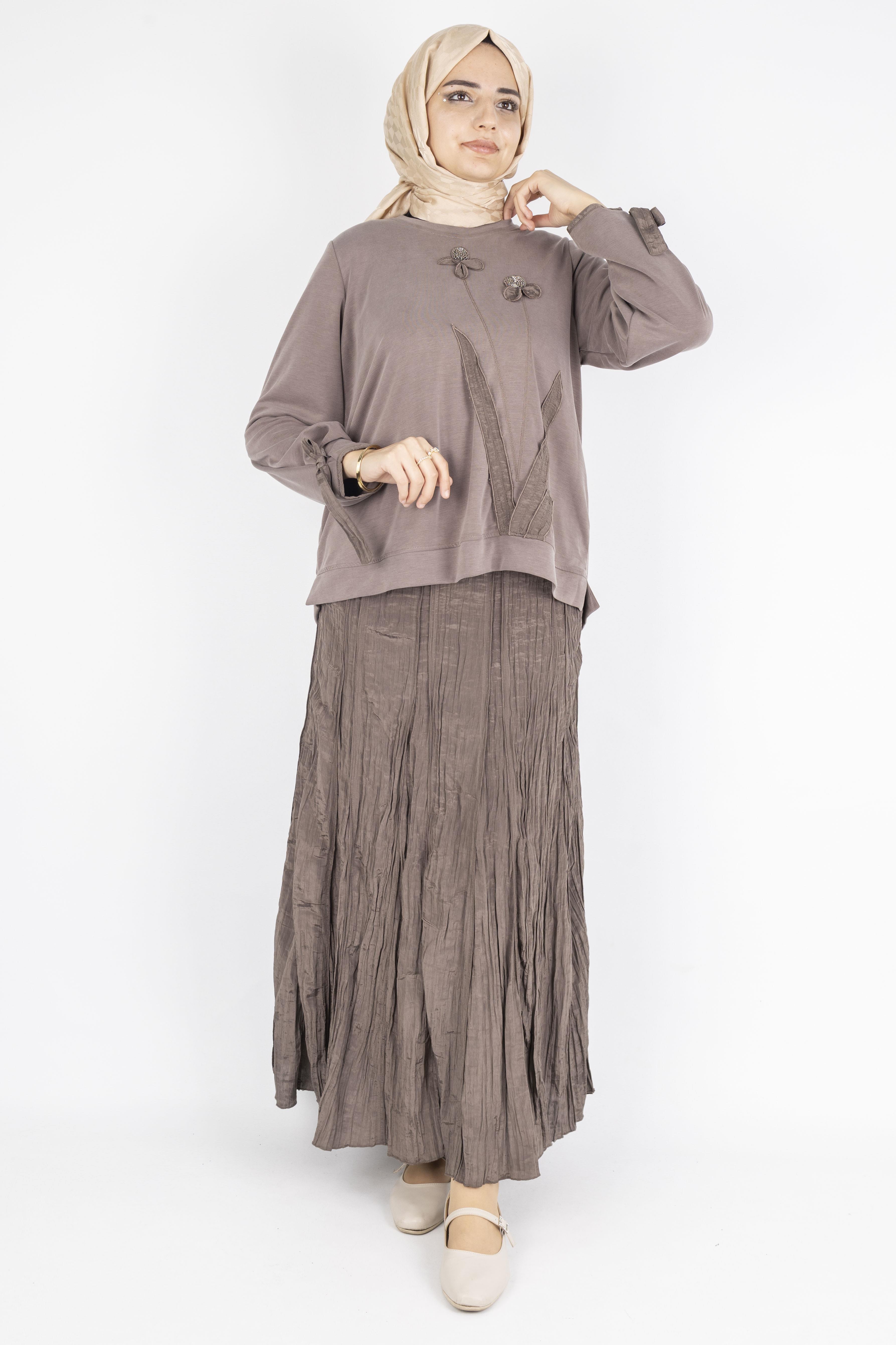 Aplike Detaylı Üst  Pileli Crinkle Etek Takımı Kahve OTW5959