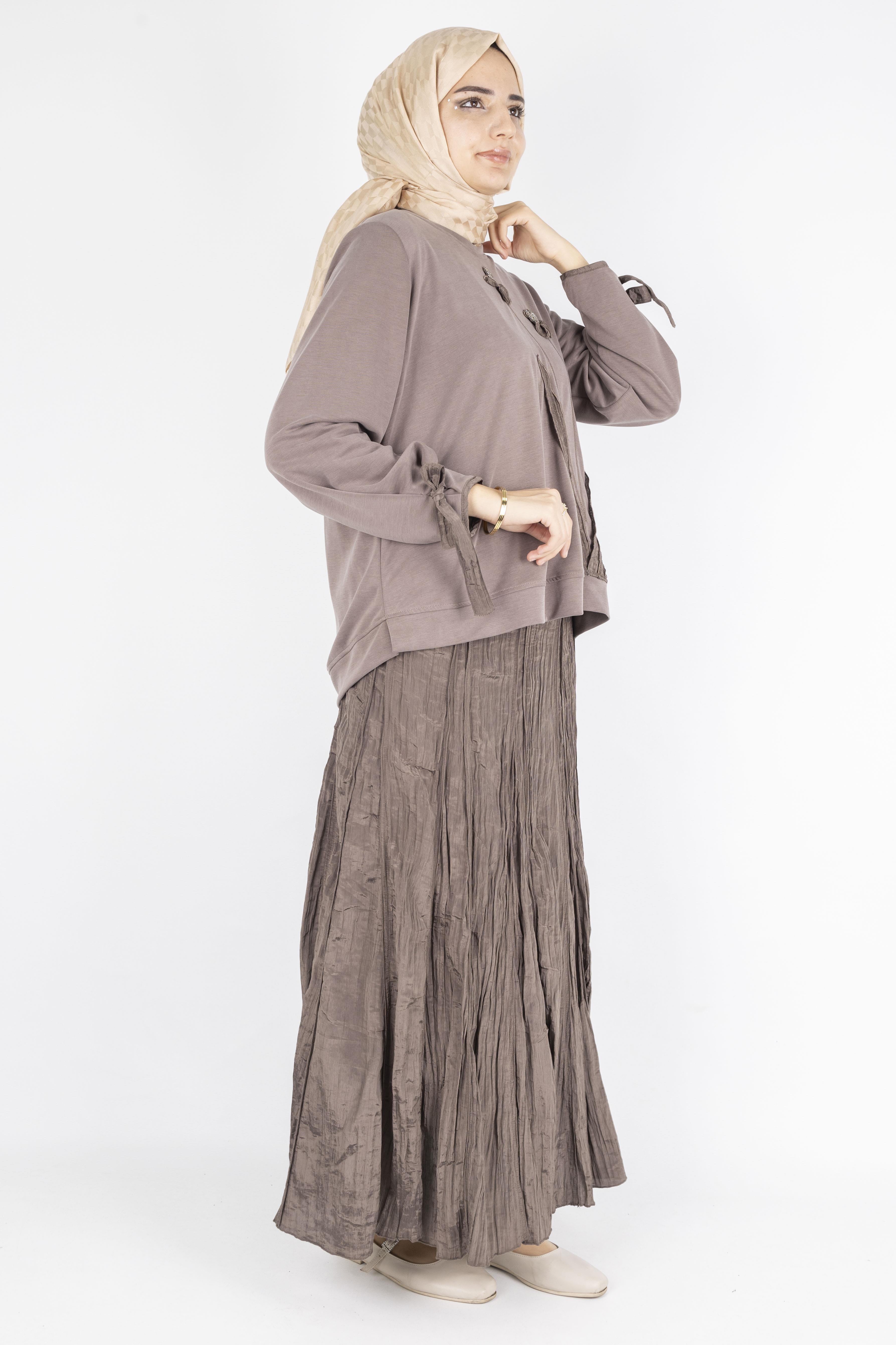 Aplike Detaylı Üst  Pileli Crinkle Etek Takımı Kahve OTW5959