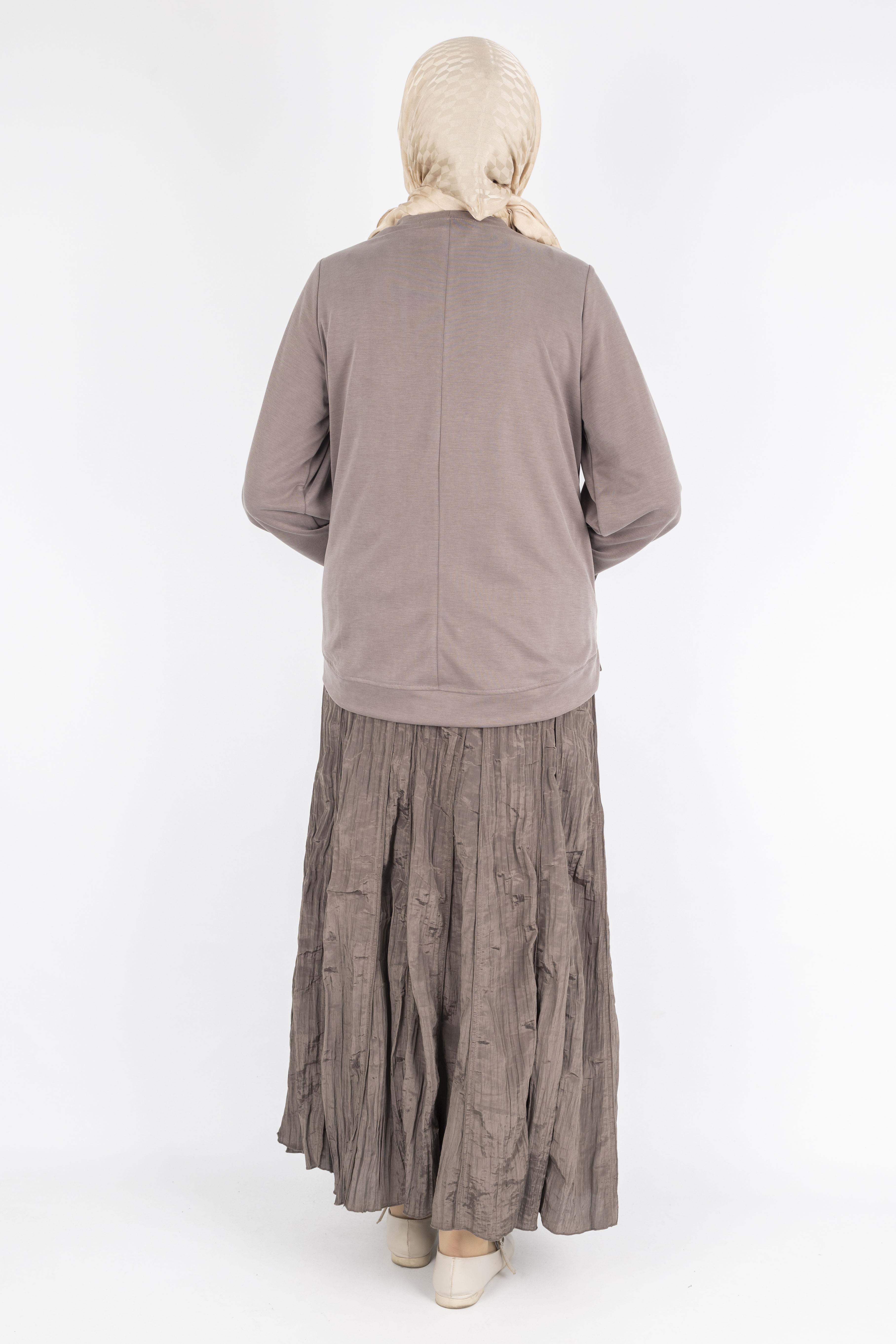 Aplike Detaylı Üst  Pileli Crinkle Etek Takımı Kahve OTW5959