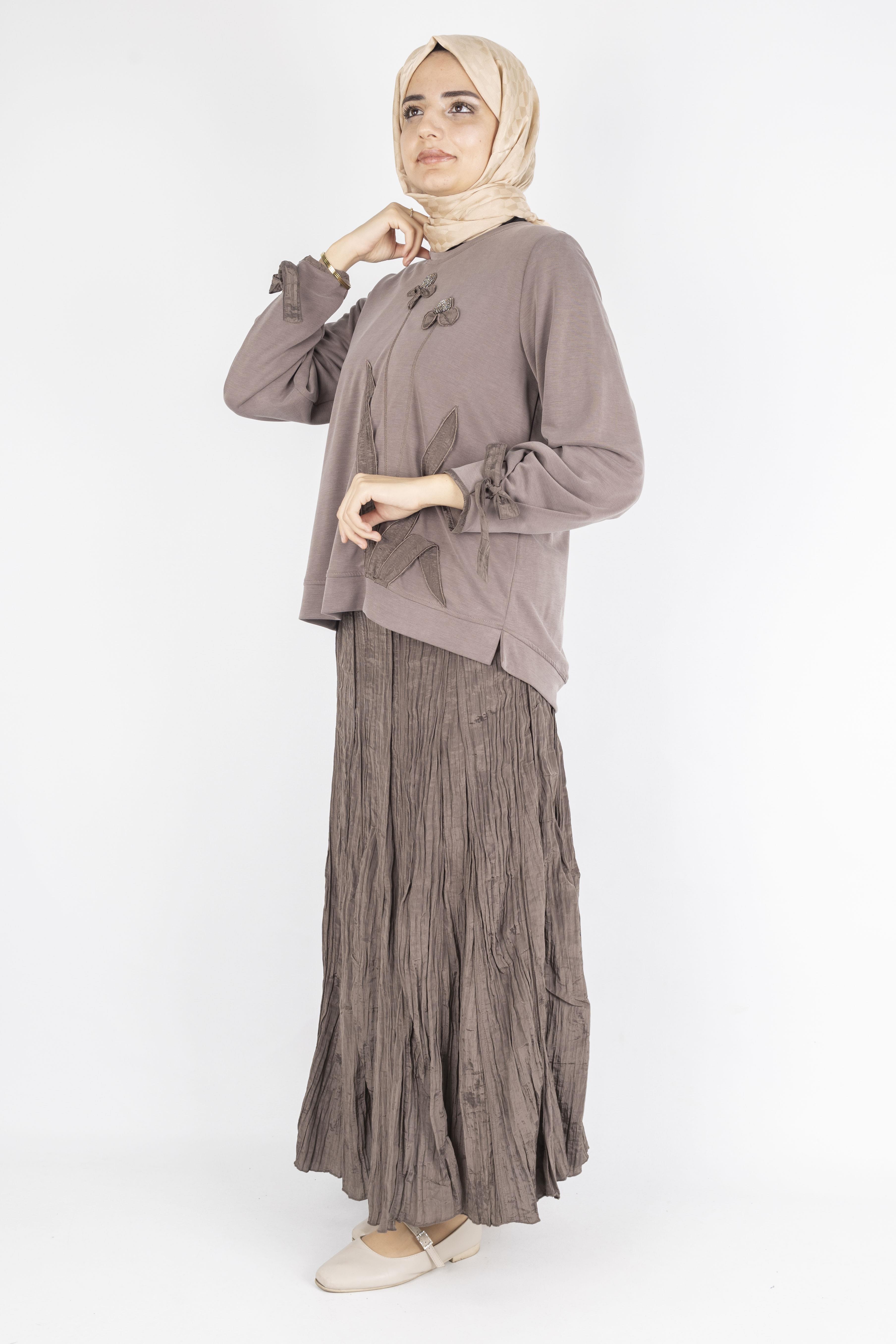 Aplike Detaylı Üst  Pileli Crinkle Etek Takımı Kahve OTW5959