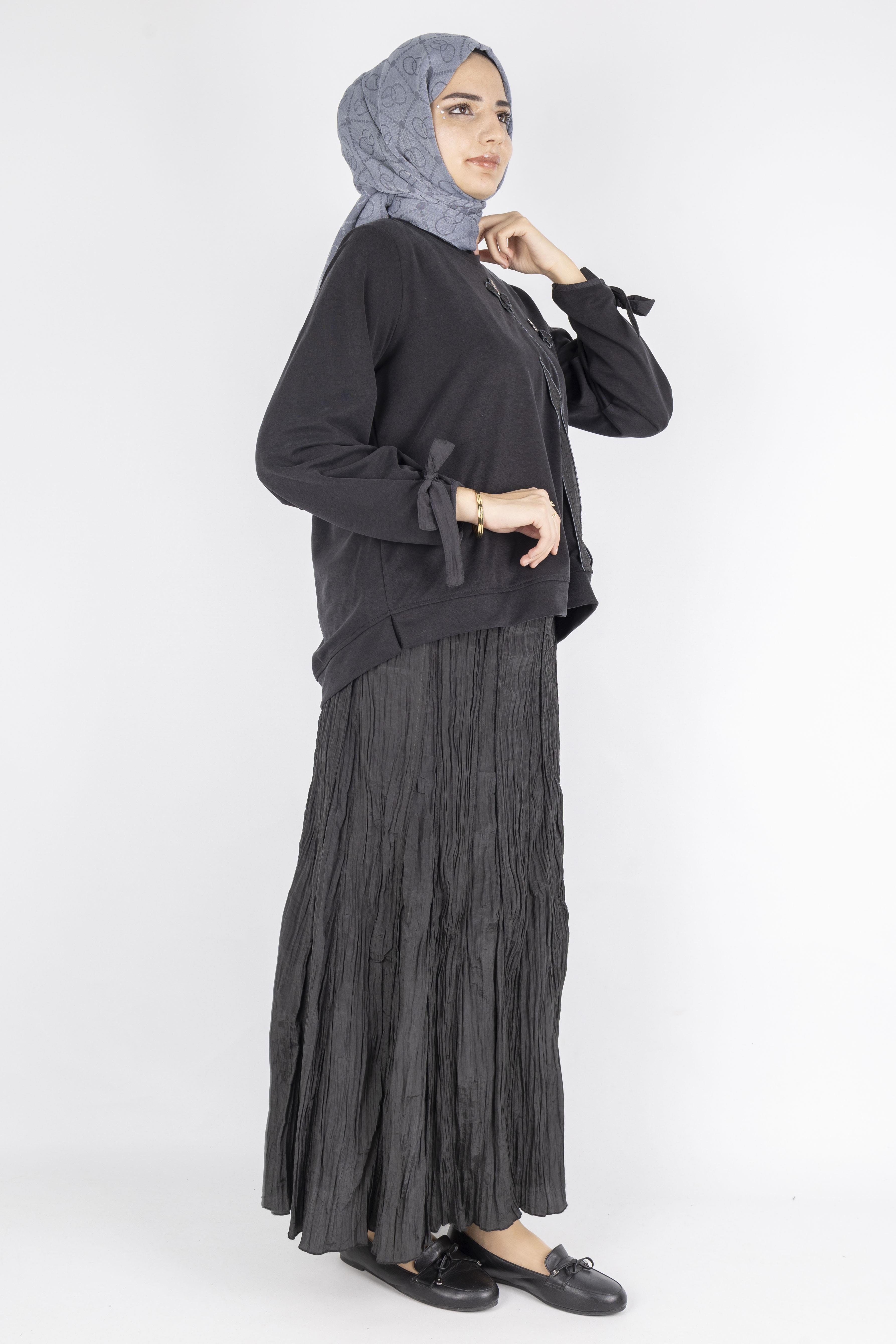 Aplike Detaylı Üst  Pileli Crinkle Etek Takımı Siyah OTW5959