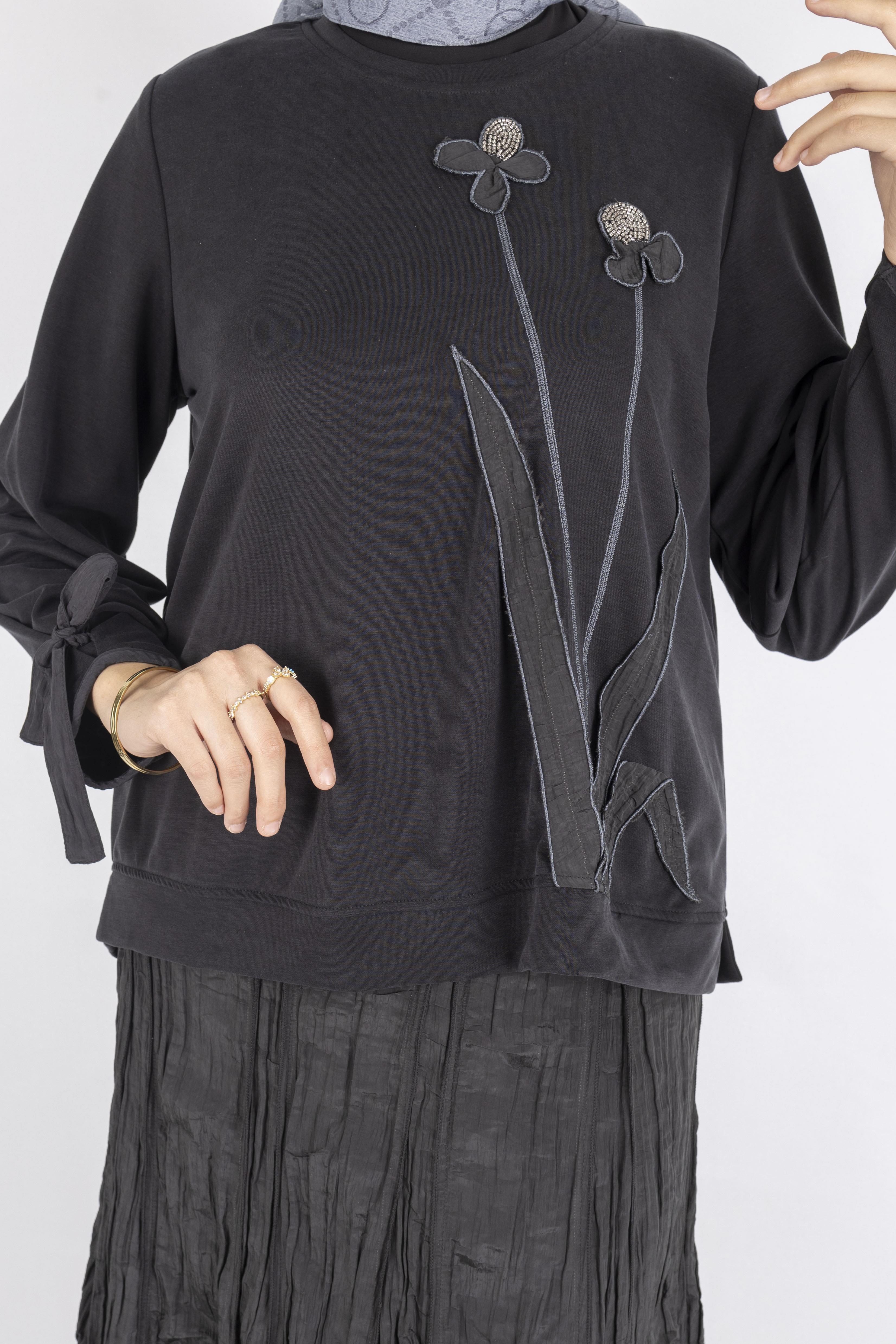 Aplike Detaylı Üst  Pileli Crinkle Etek Takımı Siyah OTW5959