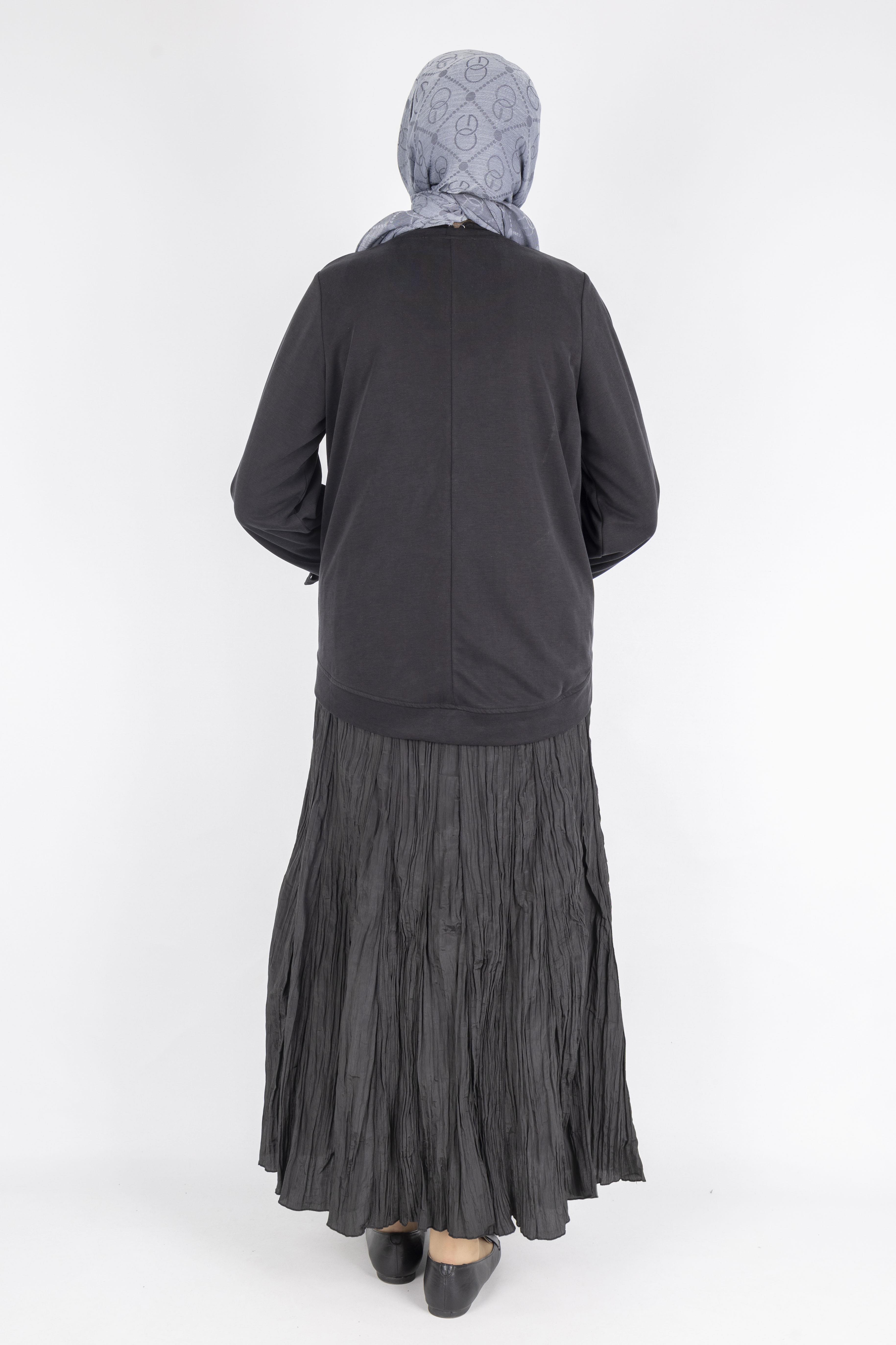 Aplike Detaylı Üst  Pileli Crinkle Etek Takımı Siyah OTW5959