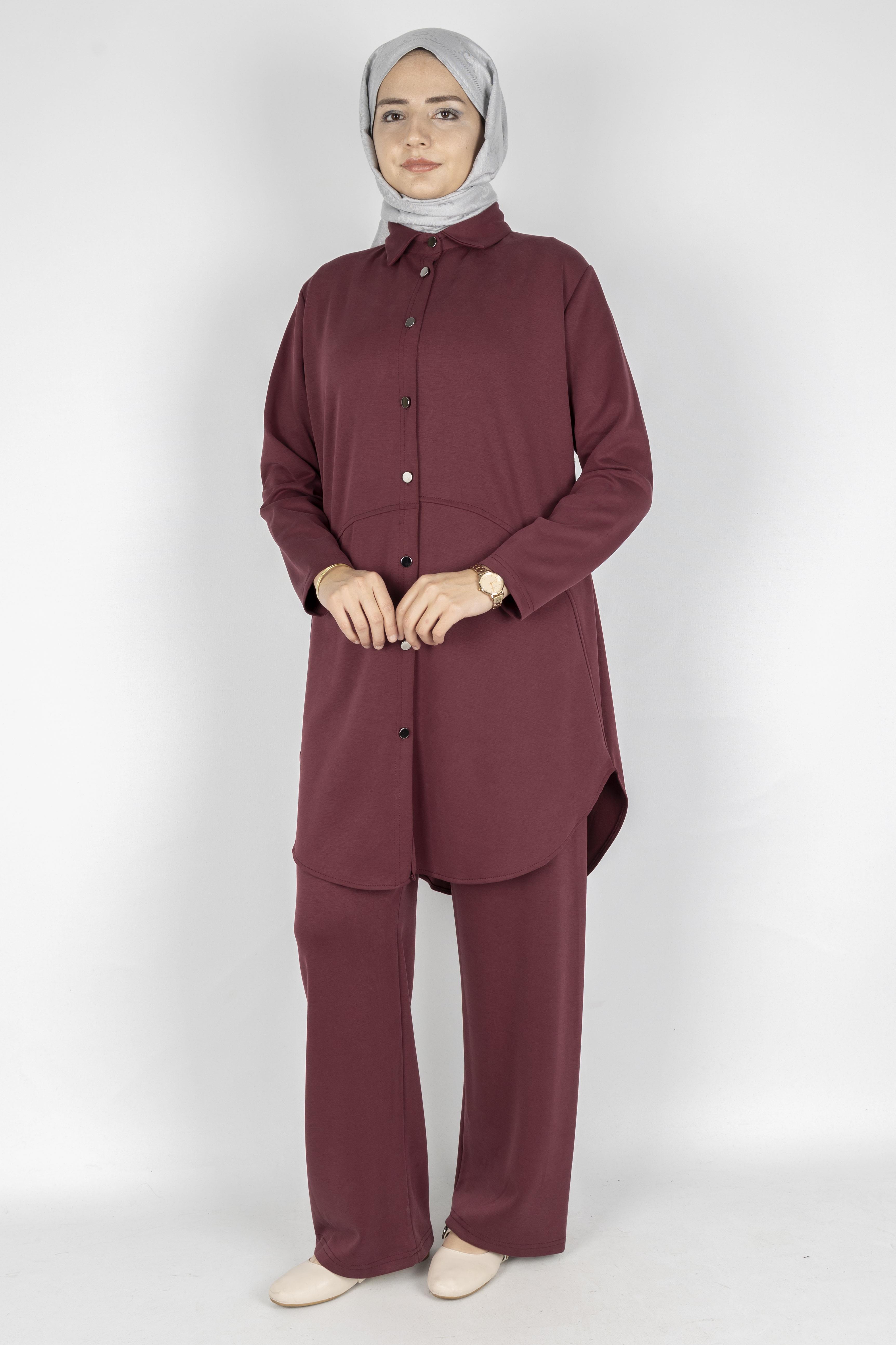 Arkası Uzun Oval Kesim Tunikli Pantolon Tesettür Takım Bordo OTW594