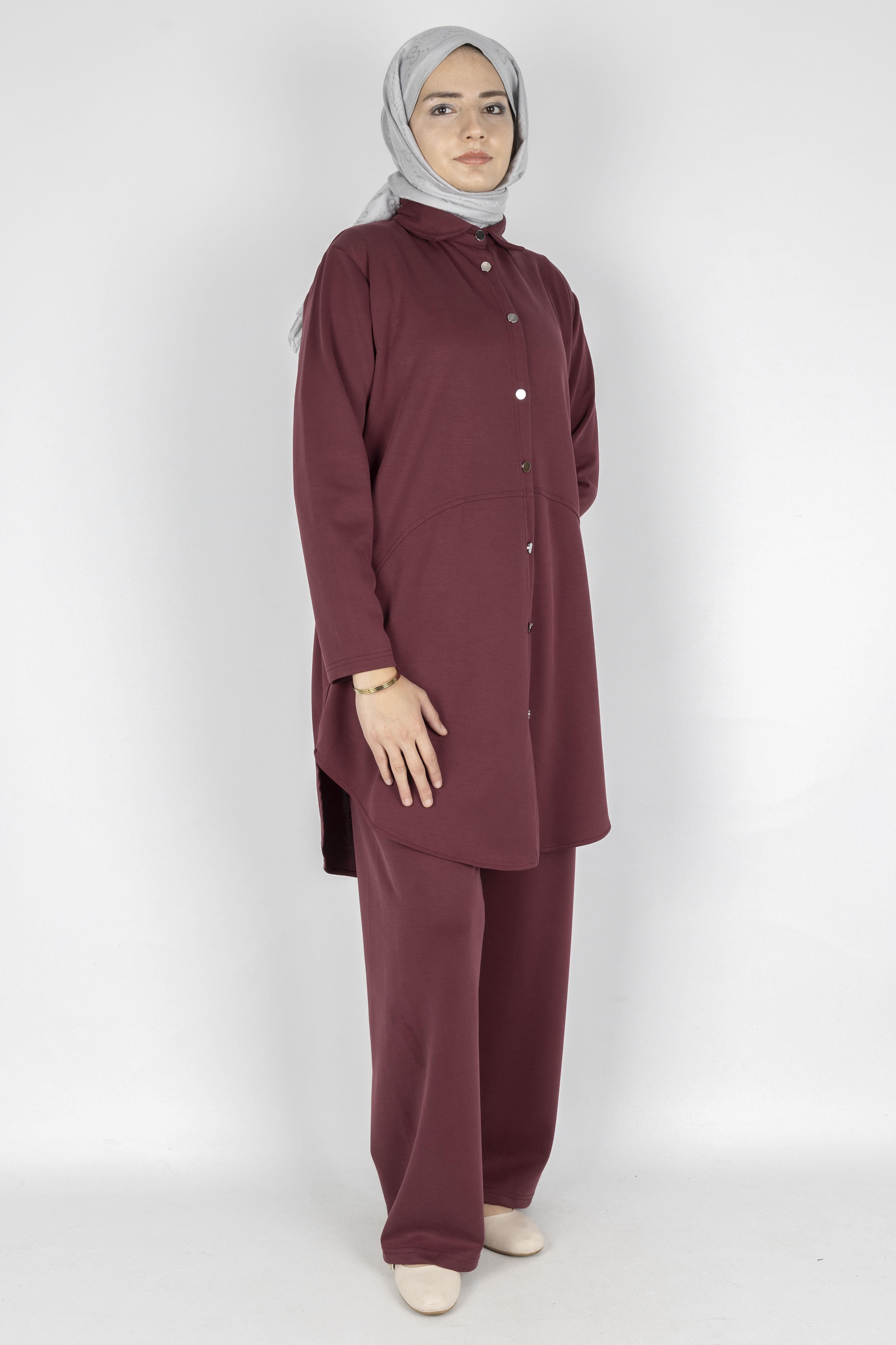 Arkası Uzun Oval Kesim Tunikli Pantolon Tesettür Takım Bordo OTW594