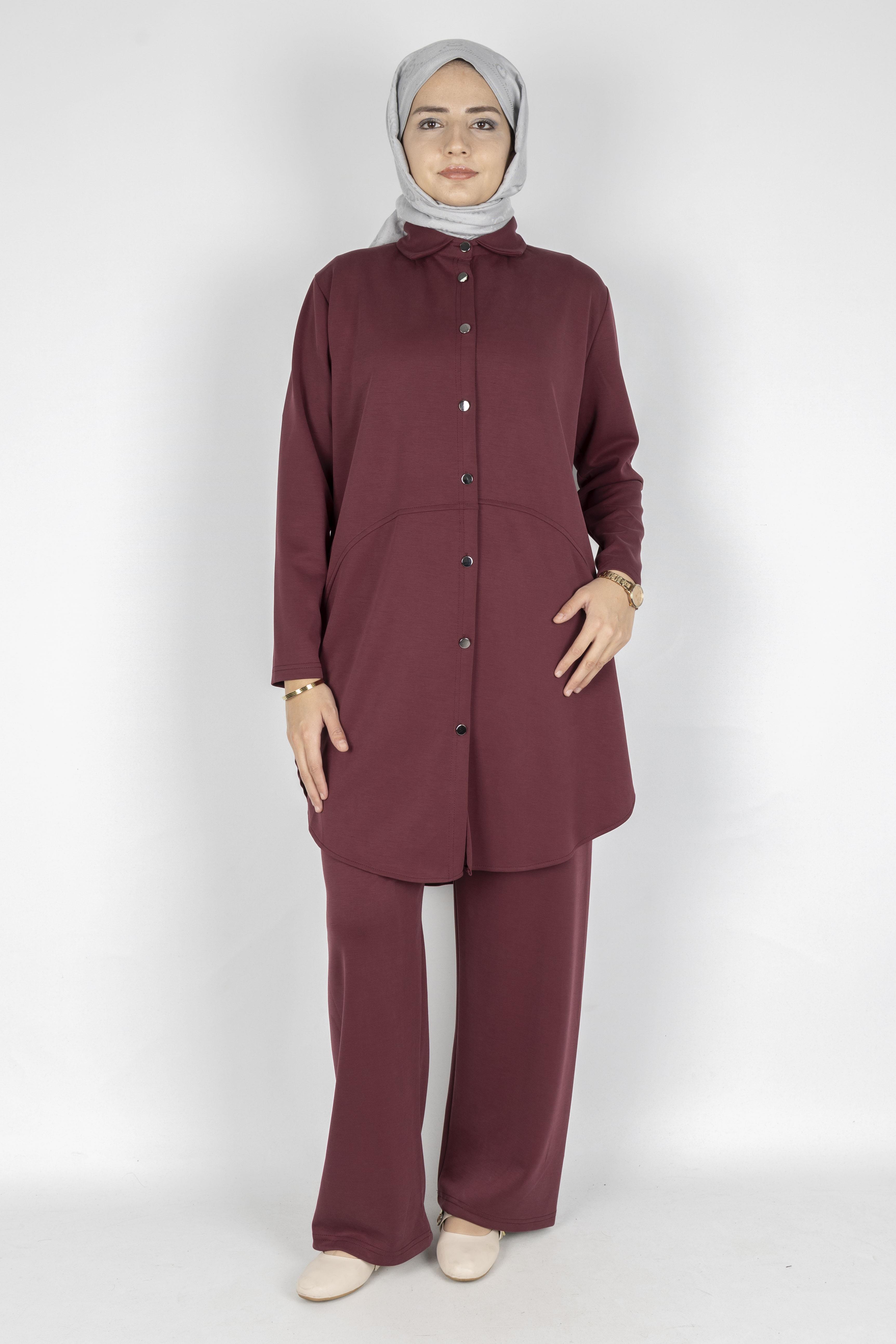 Arkası Uzun Oval Kesim Tunikli Pantolon Tesettür Takım Bordo OTW594