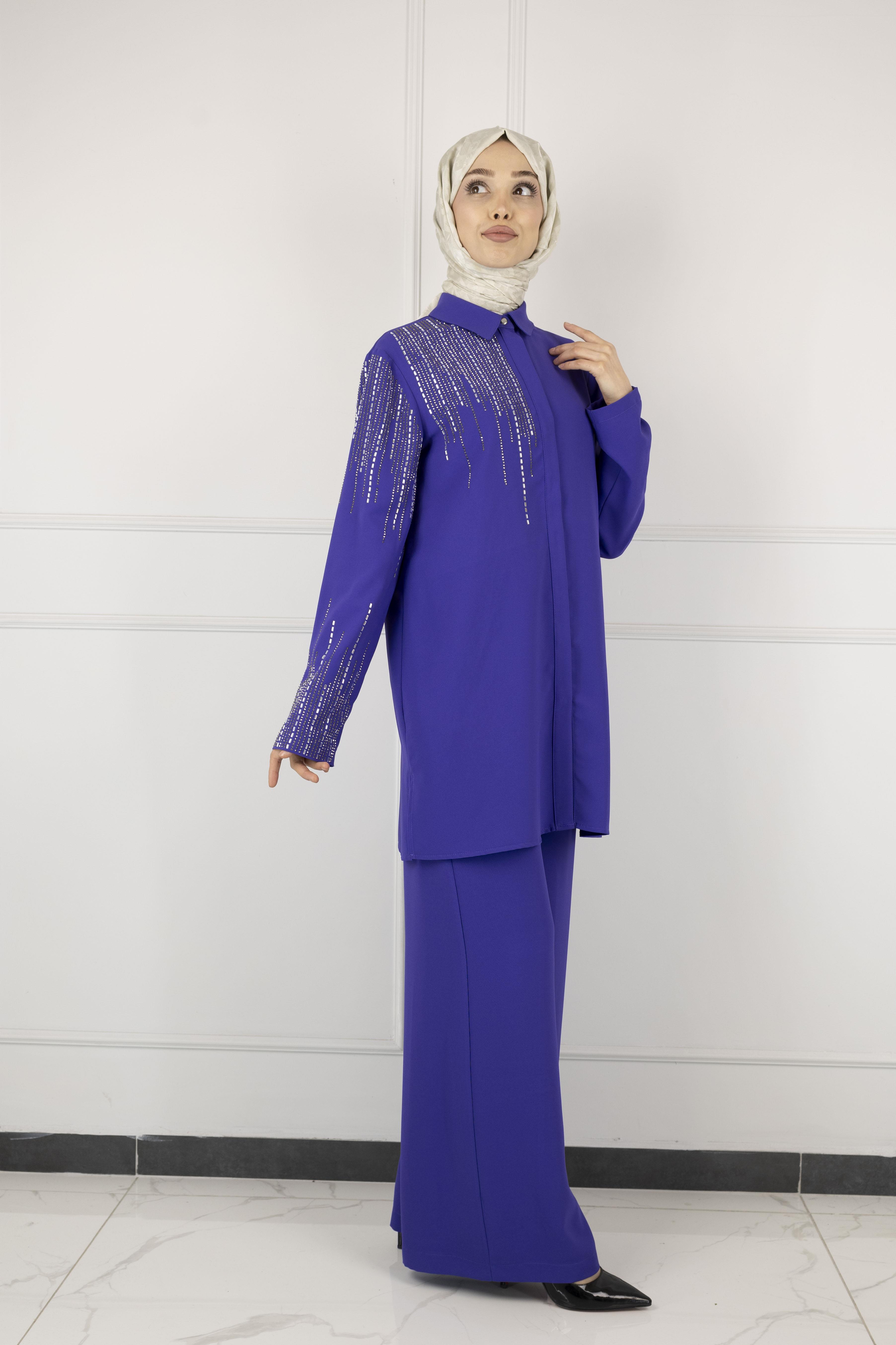 ARMİNE TAŞ DETAYLI ARMİNE PANTOLONLU TAKIM Morcivert OTW602