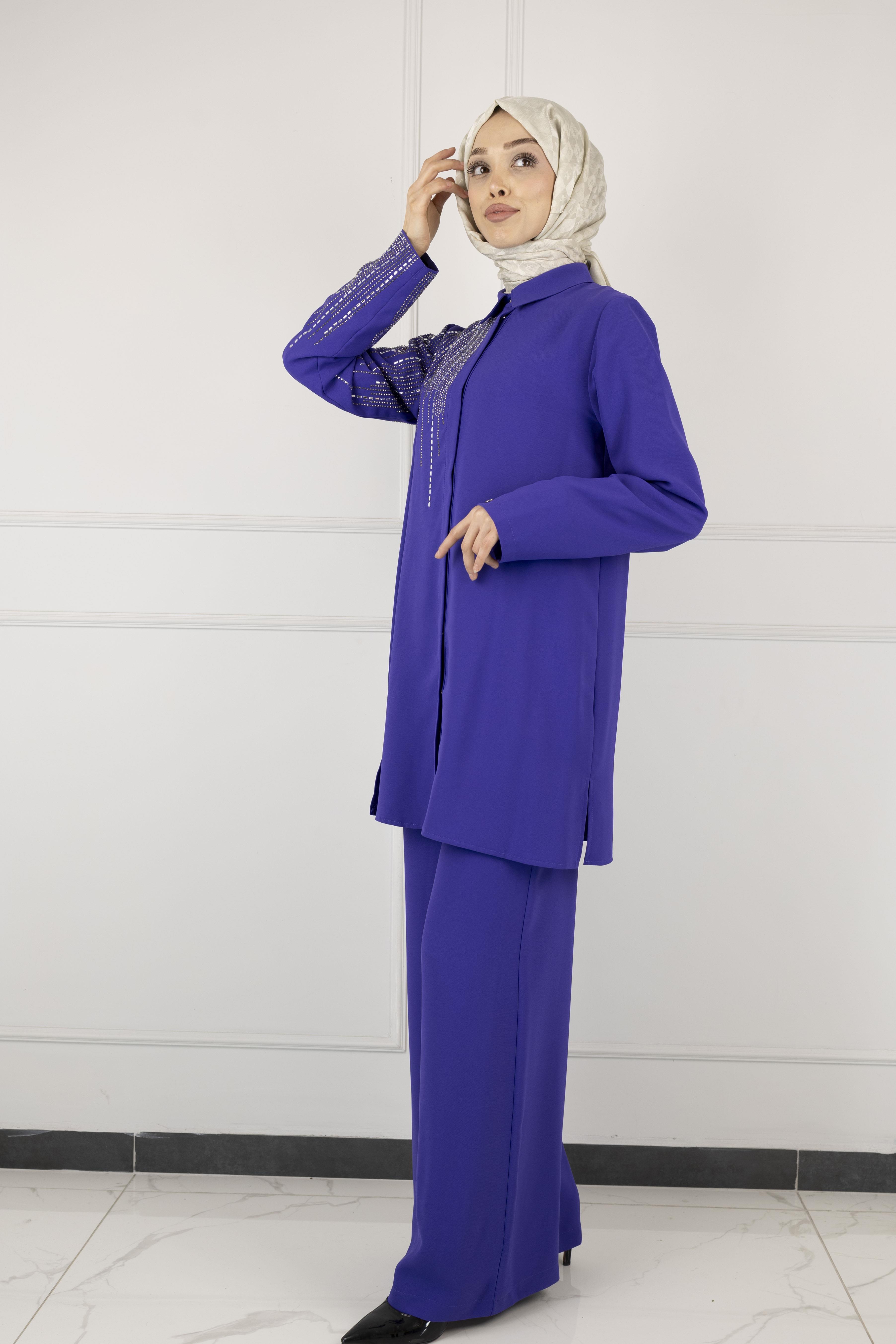 ARMİNE TAŞ DETAYLI ARMİNE PANTOLONLU TAKIM Morcivert OTW602