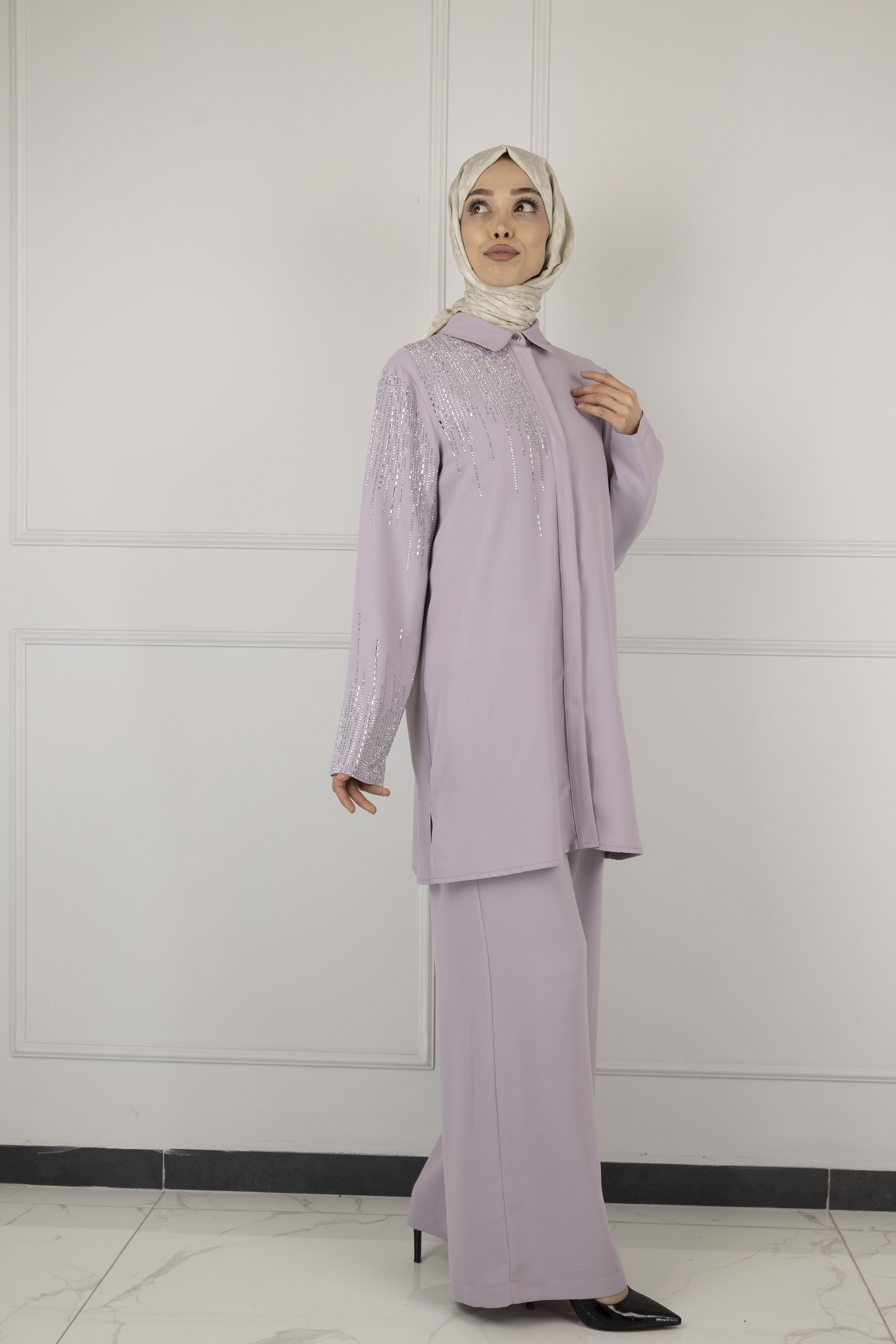 ARMİNE TAŞ DETAYLI ARMİNE PANTOLONLU TAKIM Lila OTW602