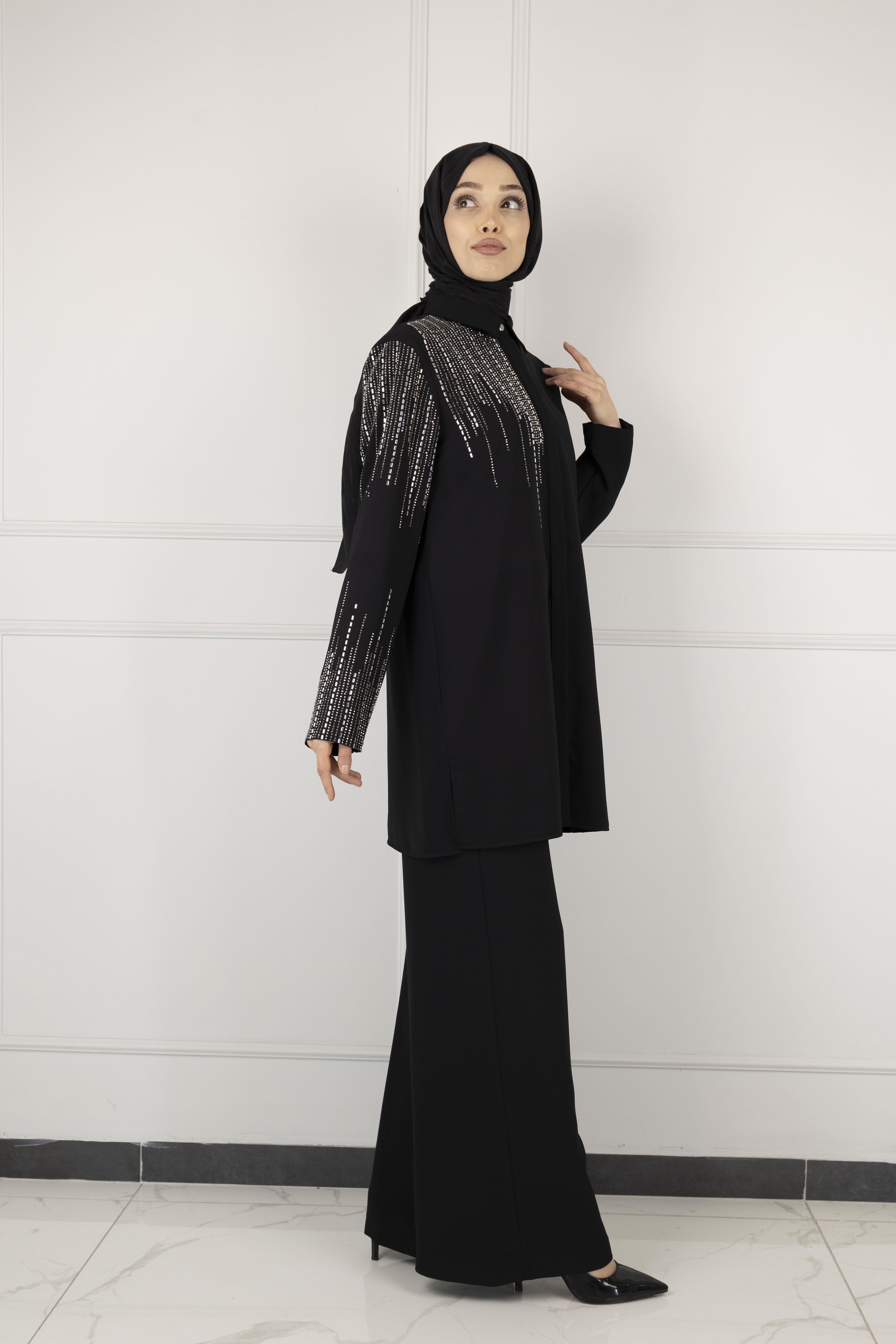 ARMİNE TAŞ DETAYLI ARMİNE PANTOLONLU TAKIM Siyah OTW602