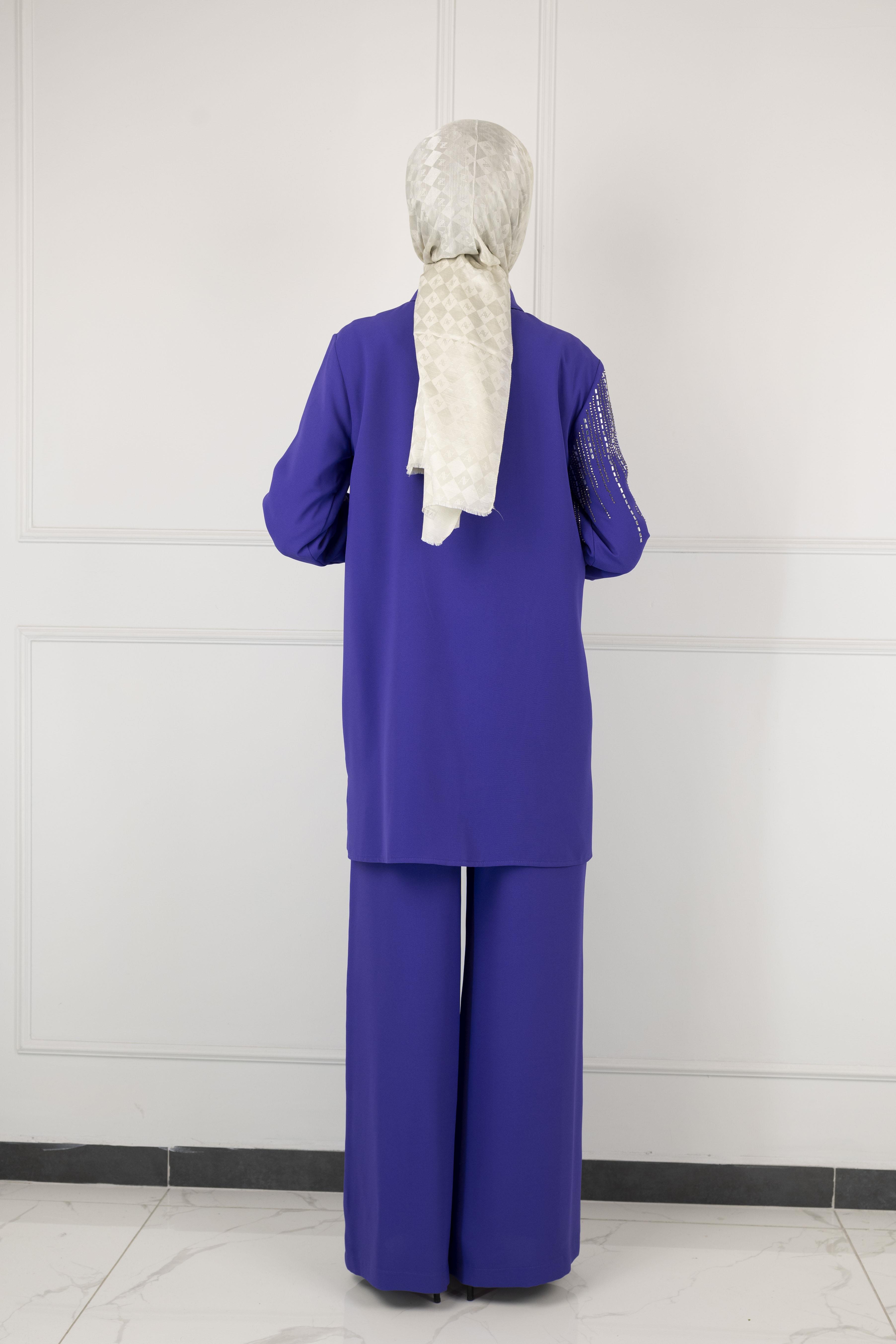 ARMİNE TAŞ DETAYLI ARMİNE PANTOLONLU TAKIM Morcivert OTW602