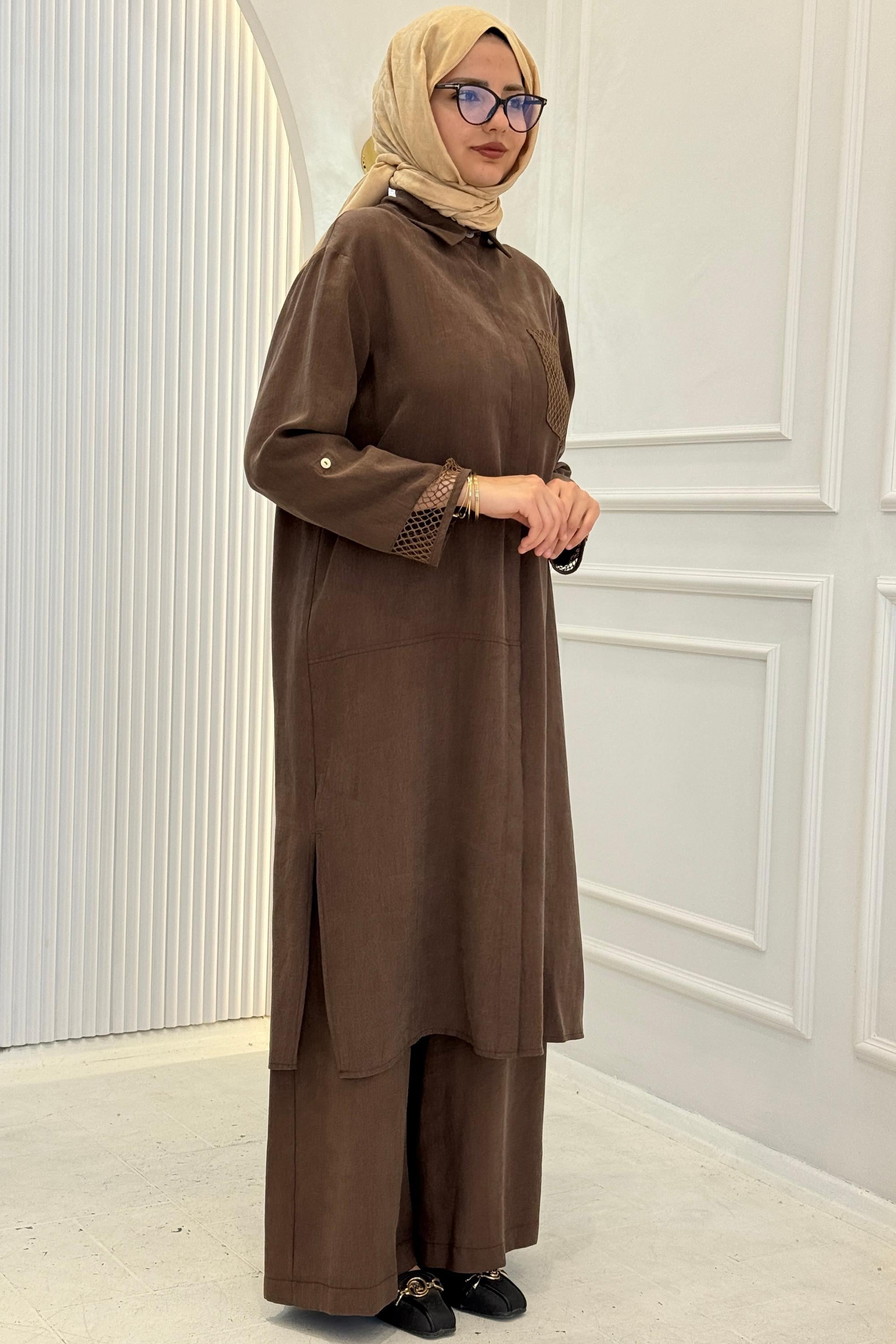 Armine Trend File Detaylı Gömlek Tunik Kahve OTW458