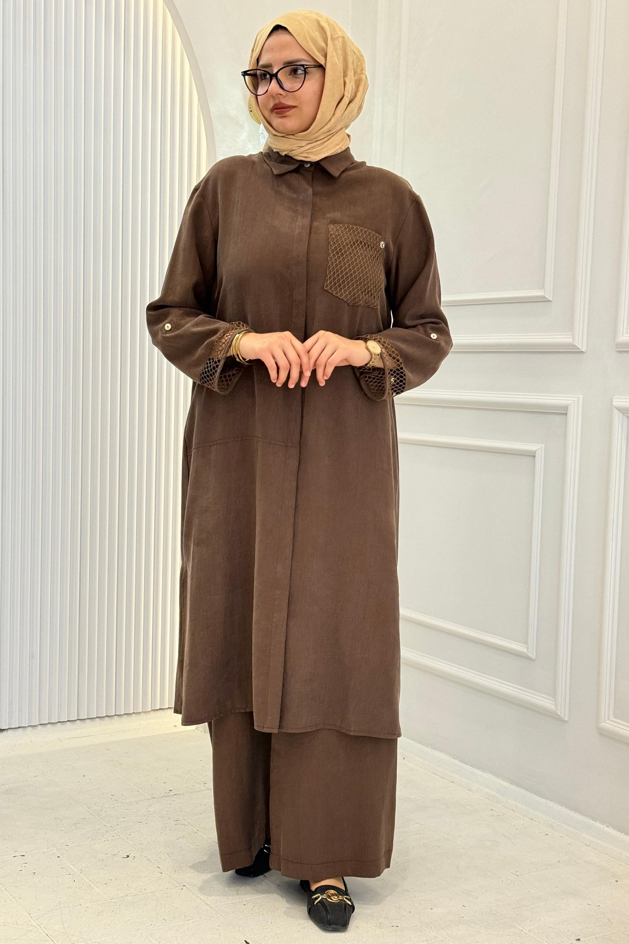 Armine Trend File Detaylı Gömlek Tunik Kahve OTW458