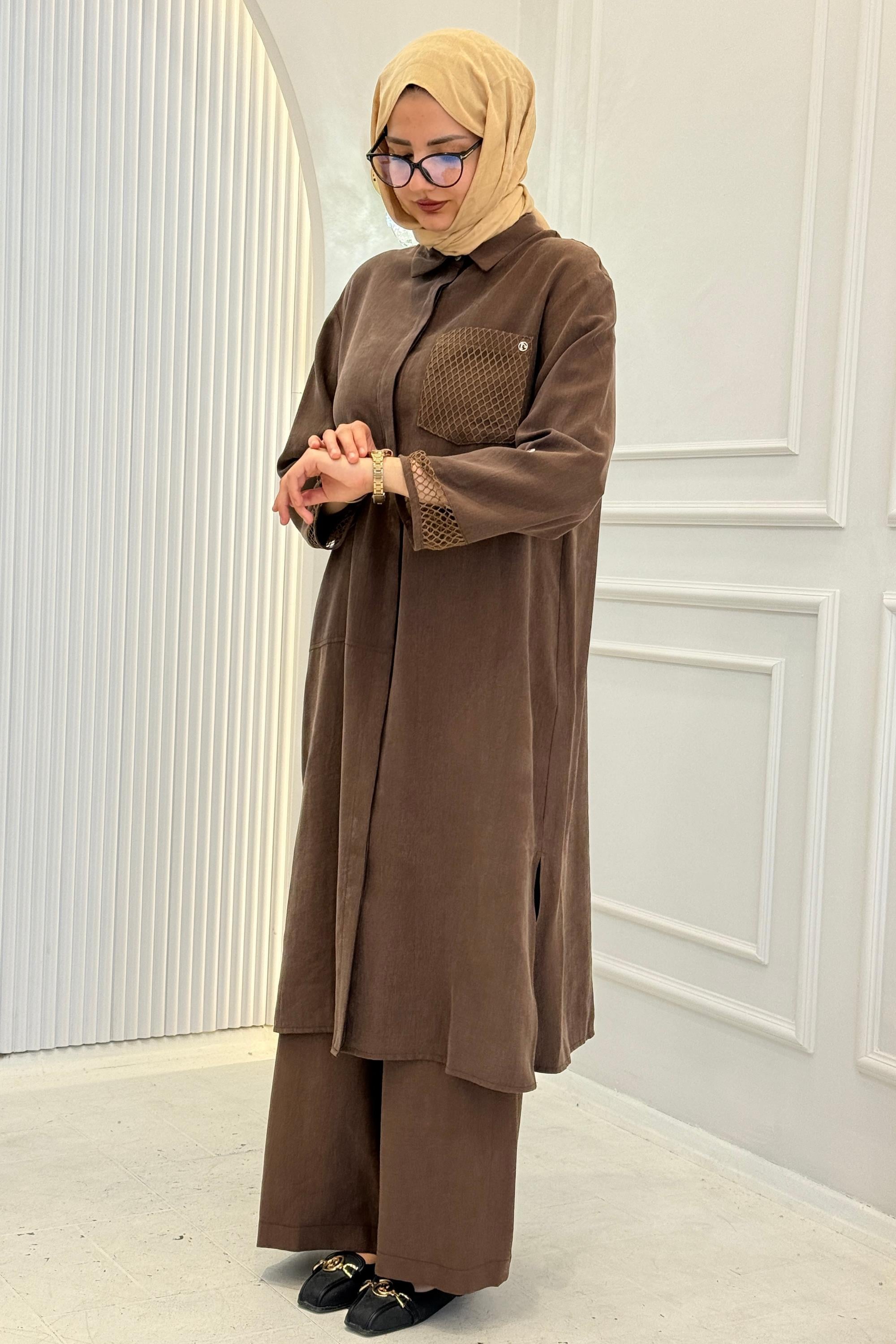 Armine Trend File Detaylı Gömlek Tunik Kahve OTW458