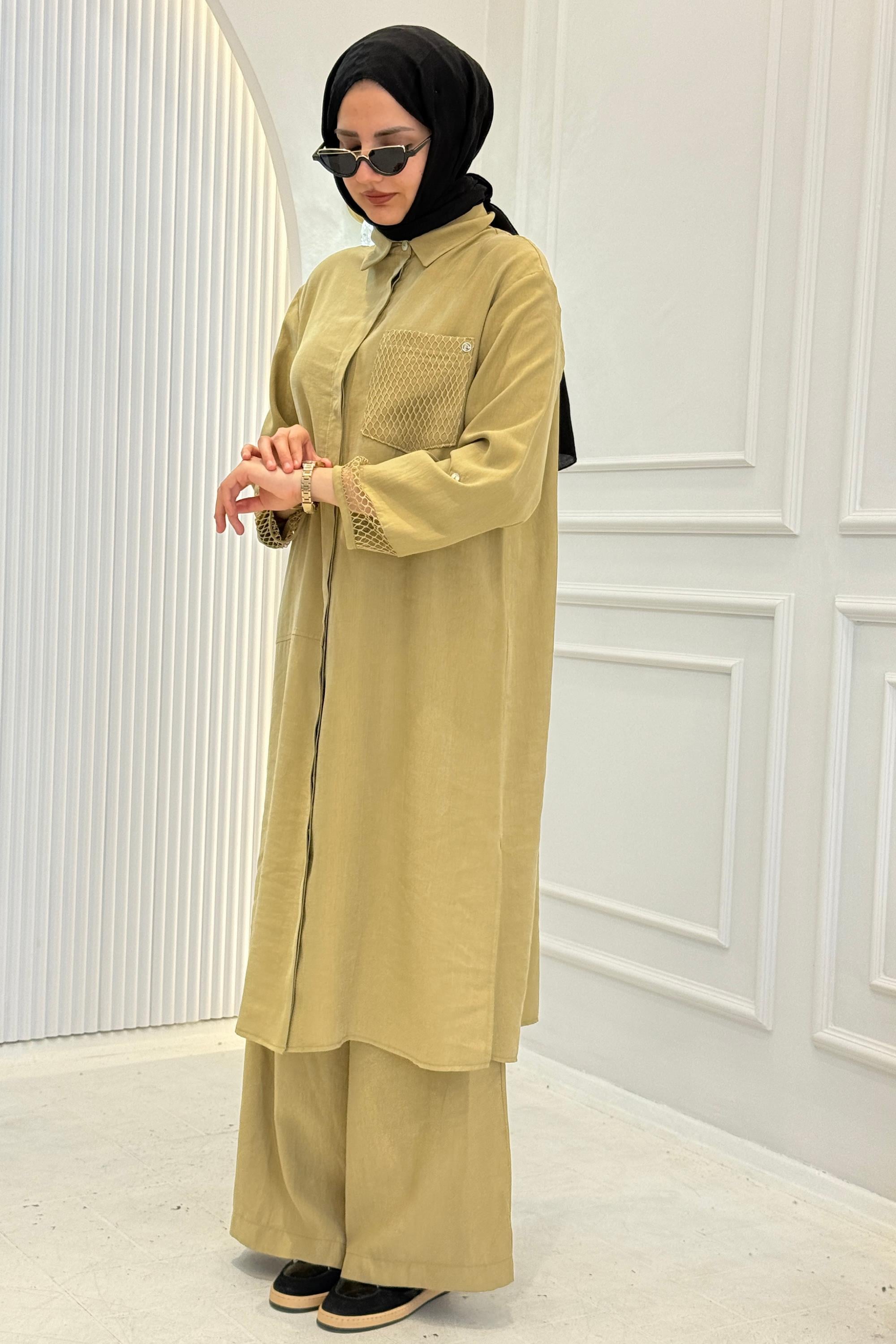 Armine Trend File Detaylı Gömlek Tunik Yağ Yeşili OTW458