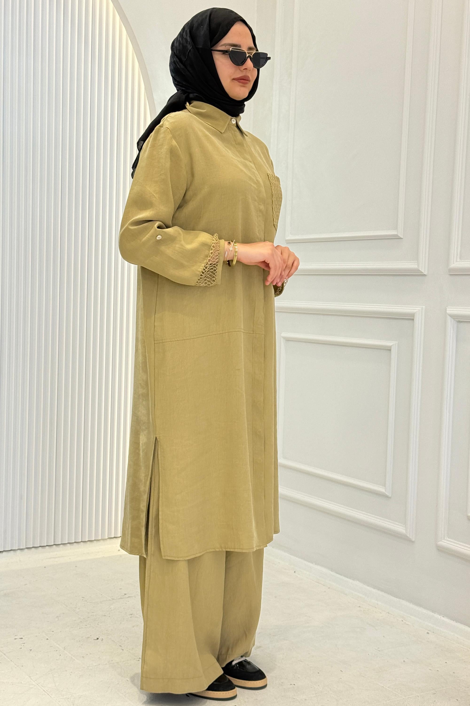 Armine Trend File Detaylı Gömlek Tunik Yağ Yeşili OTW458