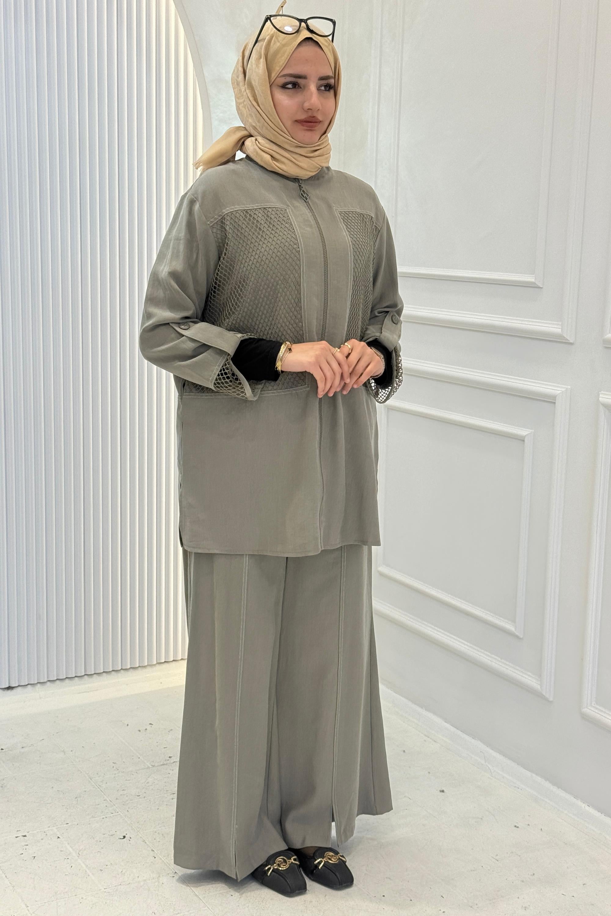 Armine Trend File Detaylı Pantolonlu Takım Haki OTW632