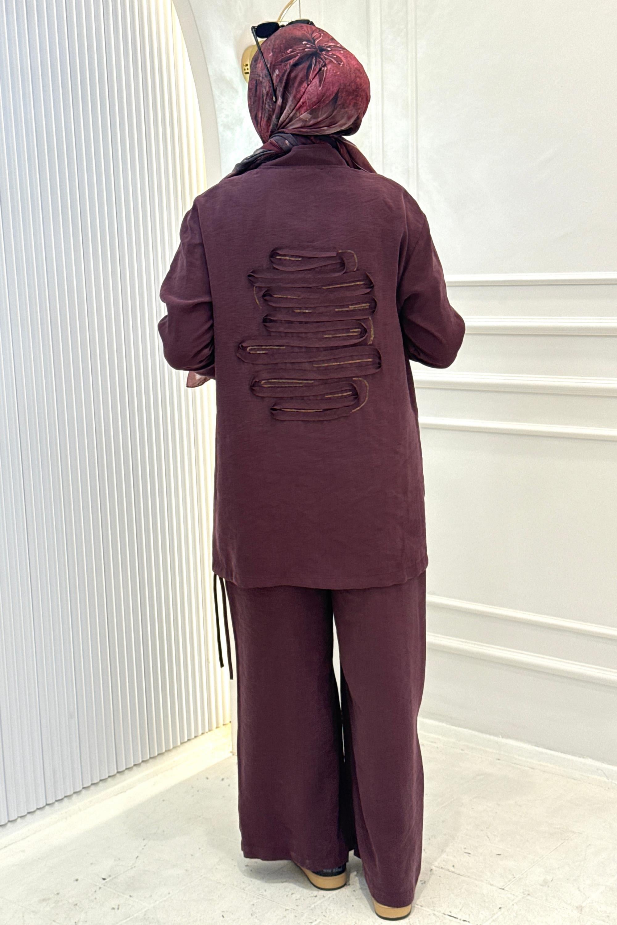 Armine Trend Sırt Detaylı Beli Lastikli Pantolonlu Takım Bordo OTW659