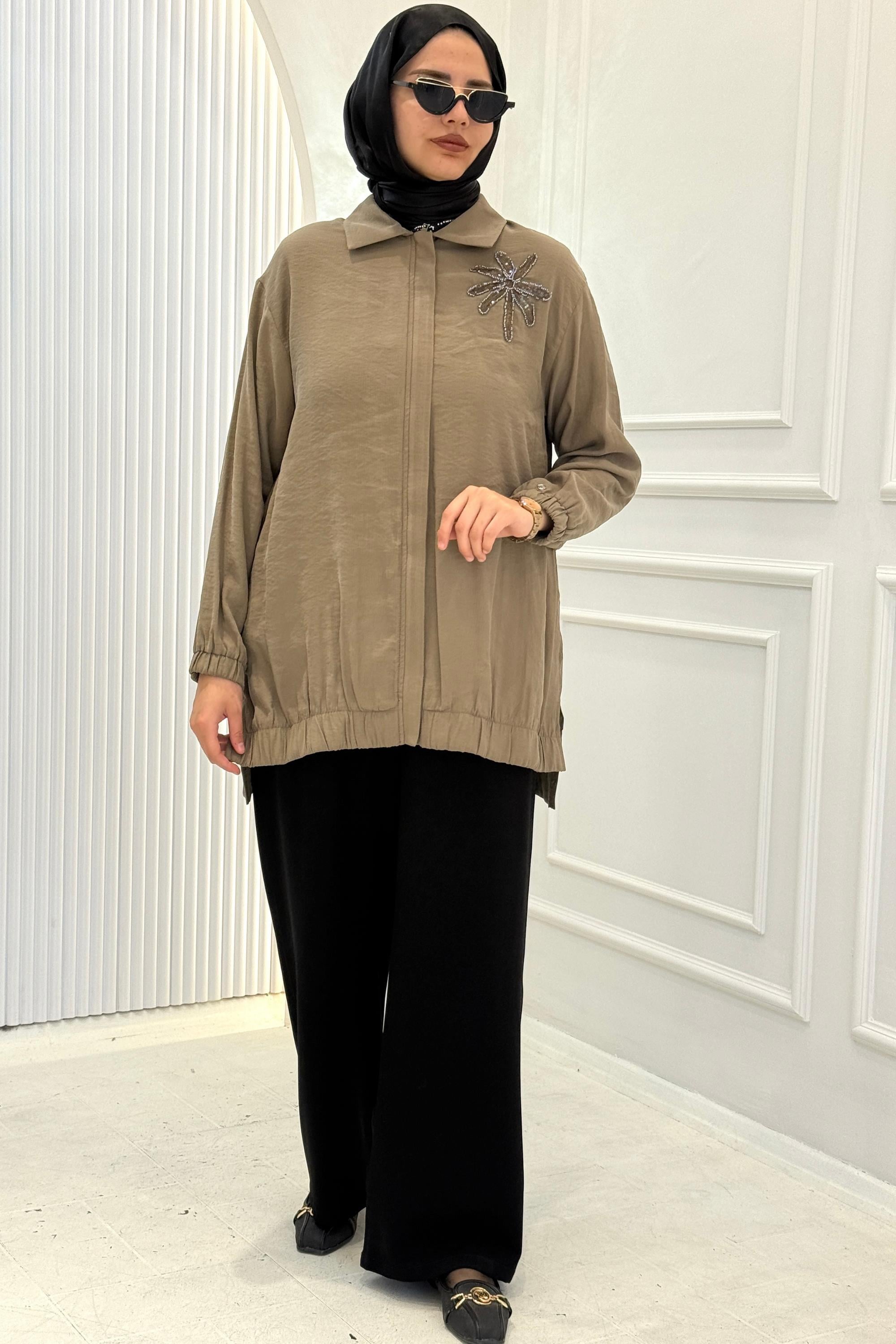 Armine Trend Taş Detaylı Tesettür Gömlek Tunik Yağ Yeşili OTW405