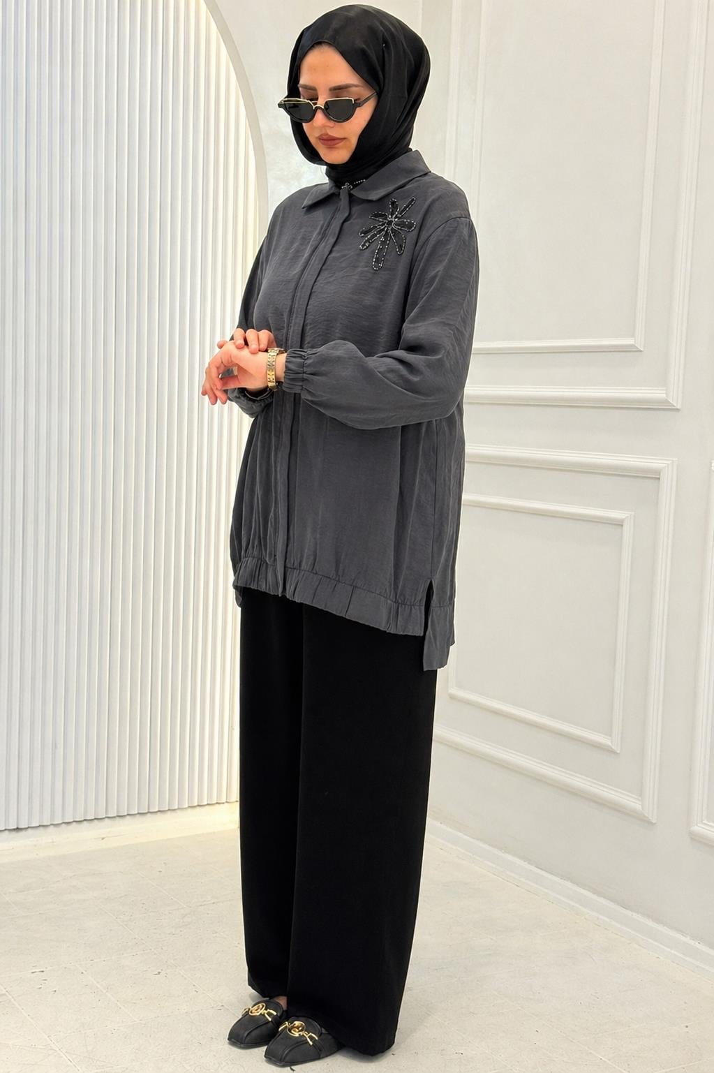 Armine Trend Taş Detaylı Tesettür Gömlek Tunik Antrasit OTW405