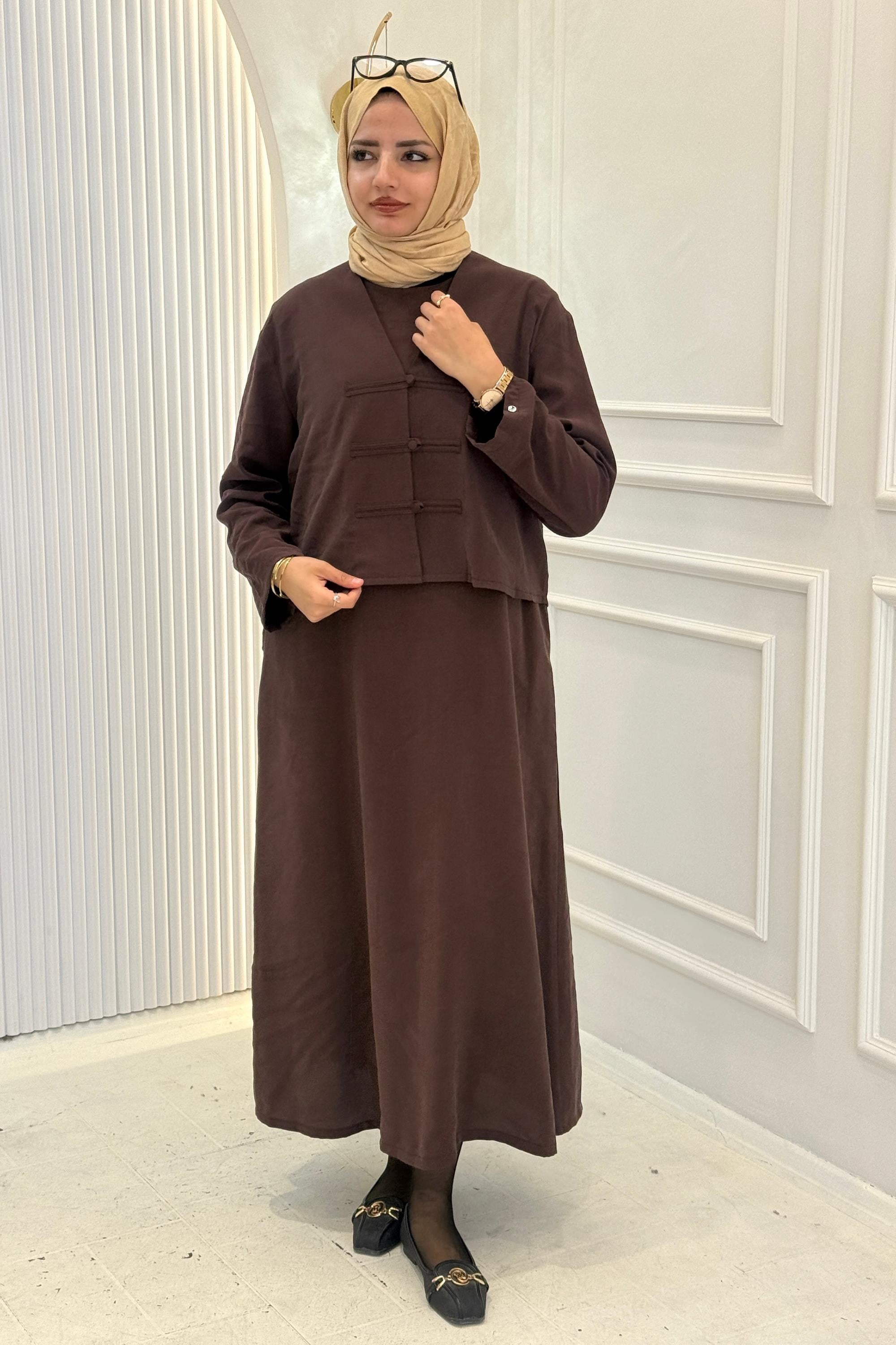 Armine Trend Tensel Elbise Takım Kahve OTW609