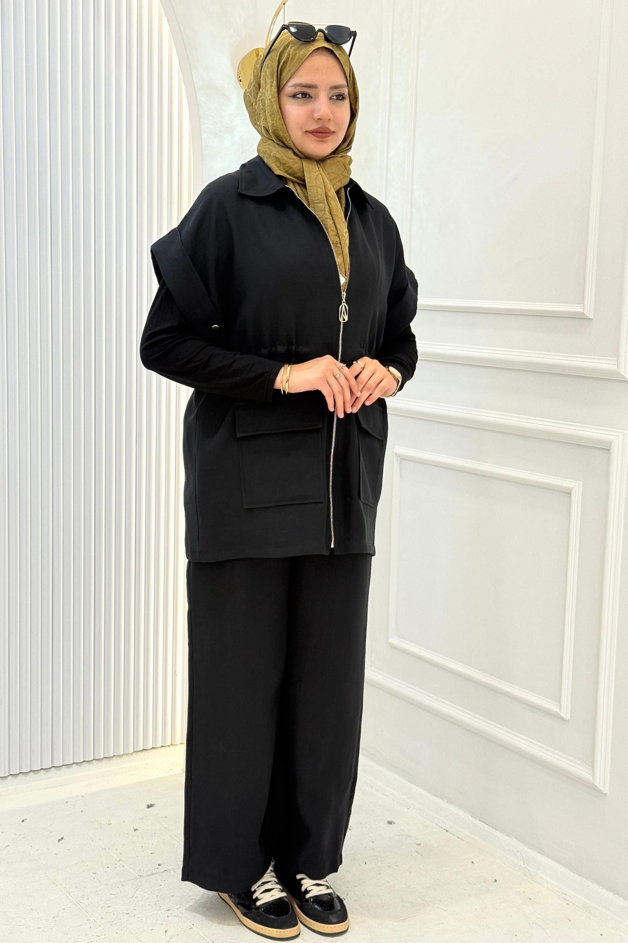 Armine Trend Yelekli Pantolonlu Tesettür Takım Siyah OTW6127