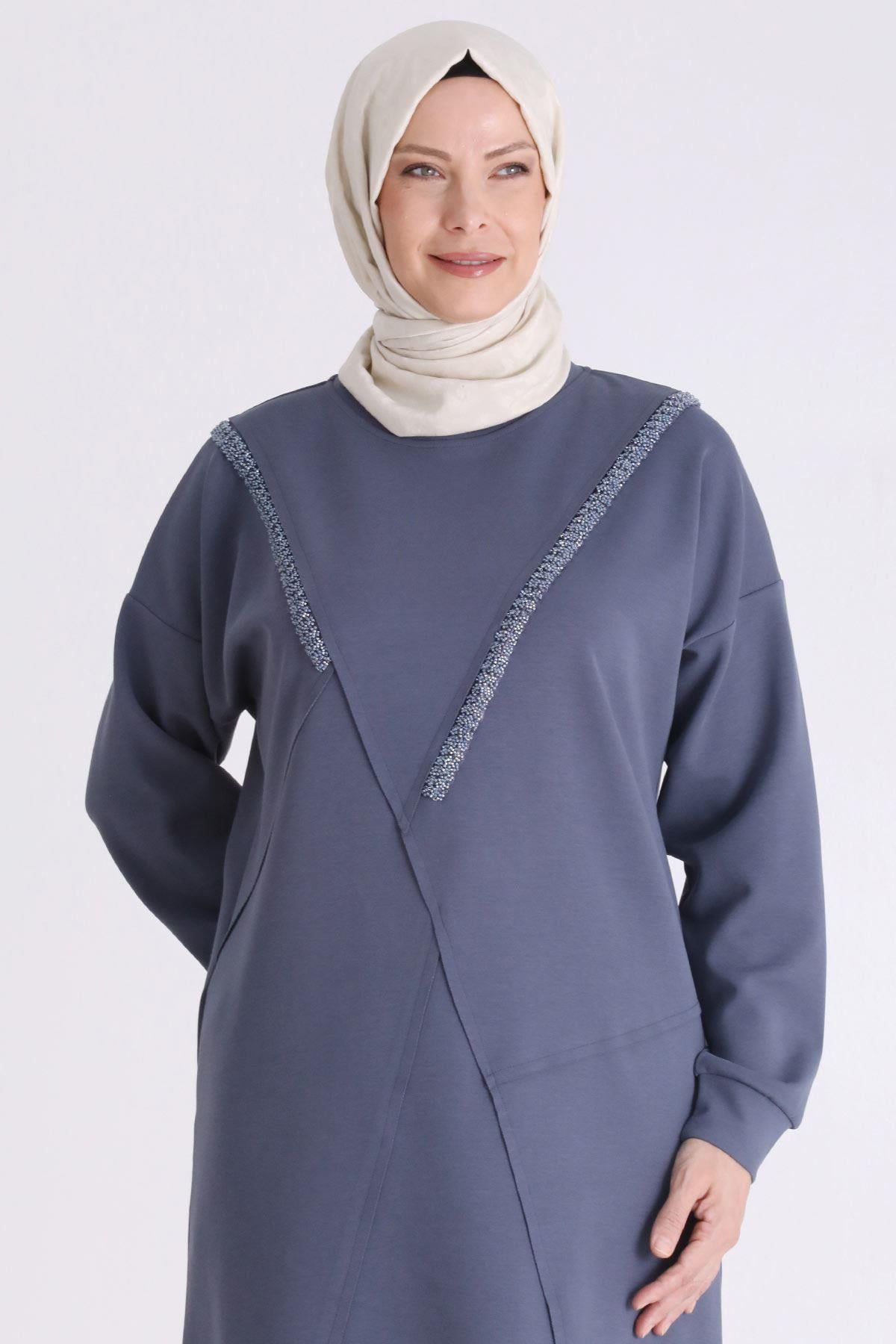 Behrem Asimetrik Kesim Taş Süslemeli Tunik Duman Mavi OTW20128