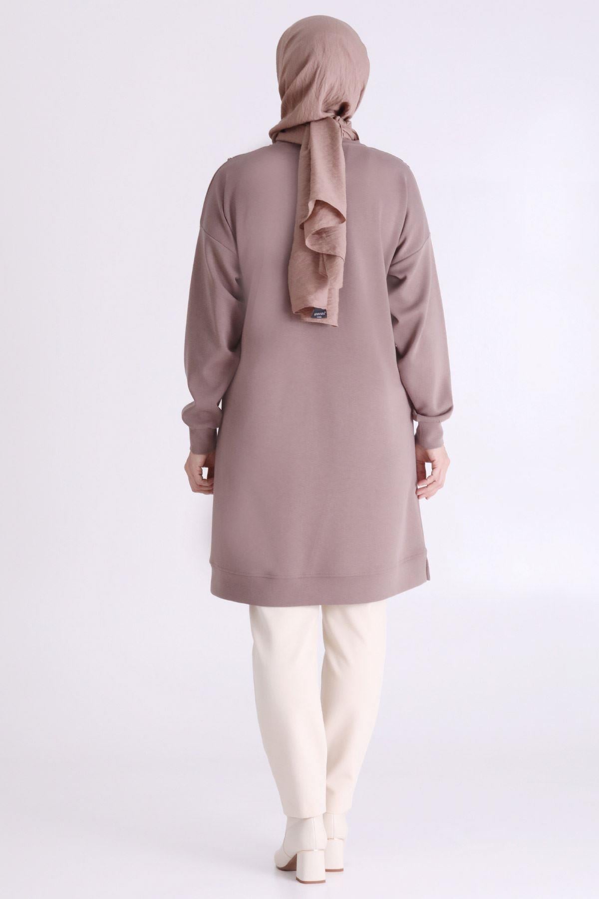 Behrem Asimetrik Kesim Taş Süslemeli Tunik Kestane OTW20128