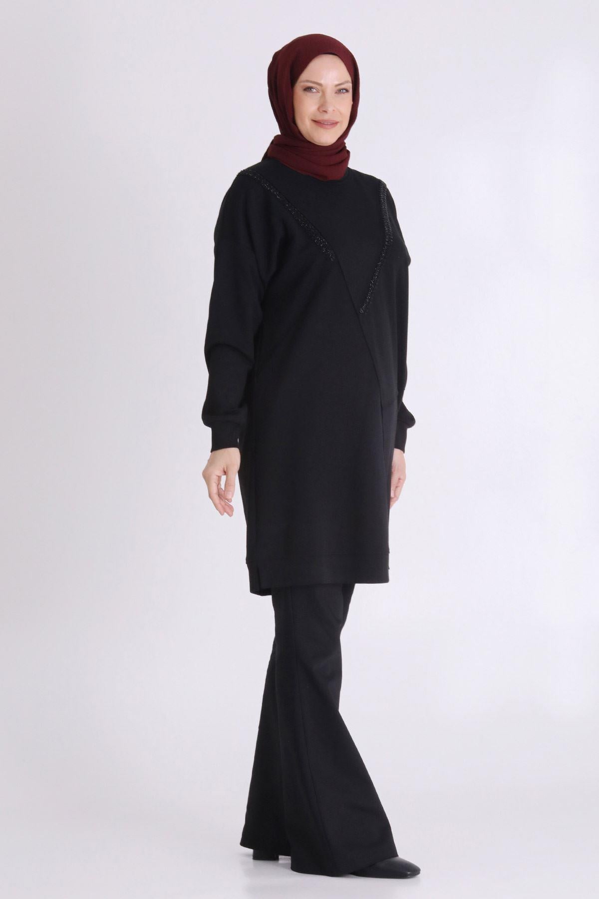 Behrem Asimetrik Kesim Taş Süslemeli Tunik Siyah OTW20128