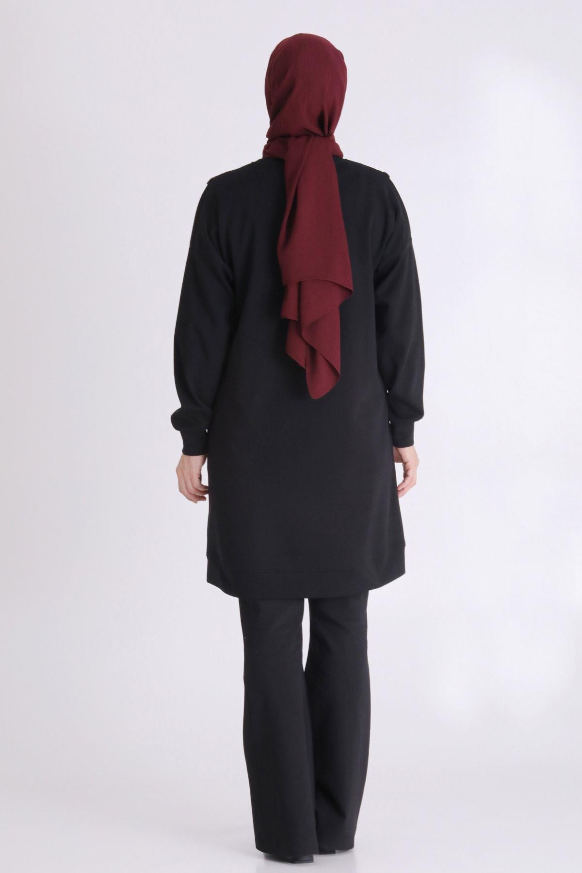 Behrem Asimetrik Kesim Taş Süslemeli Tunik Siyah OTW20128