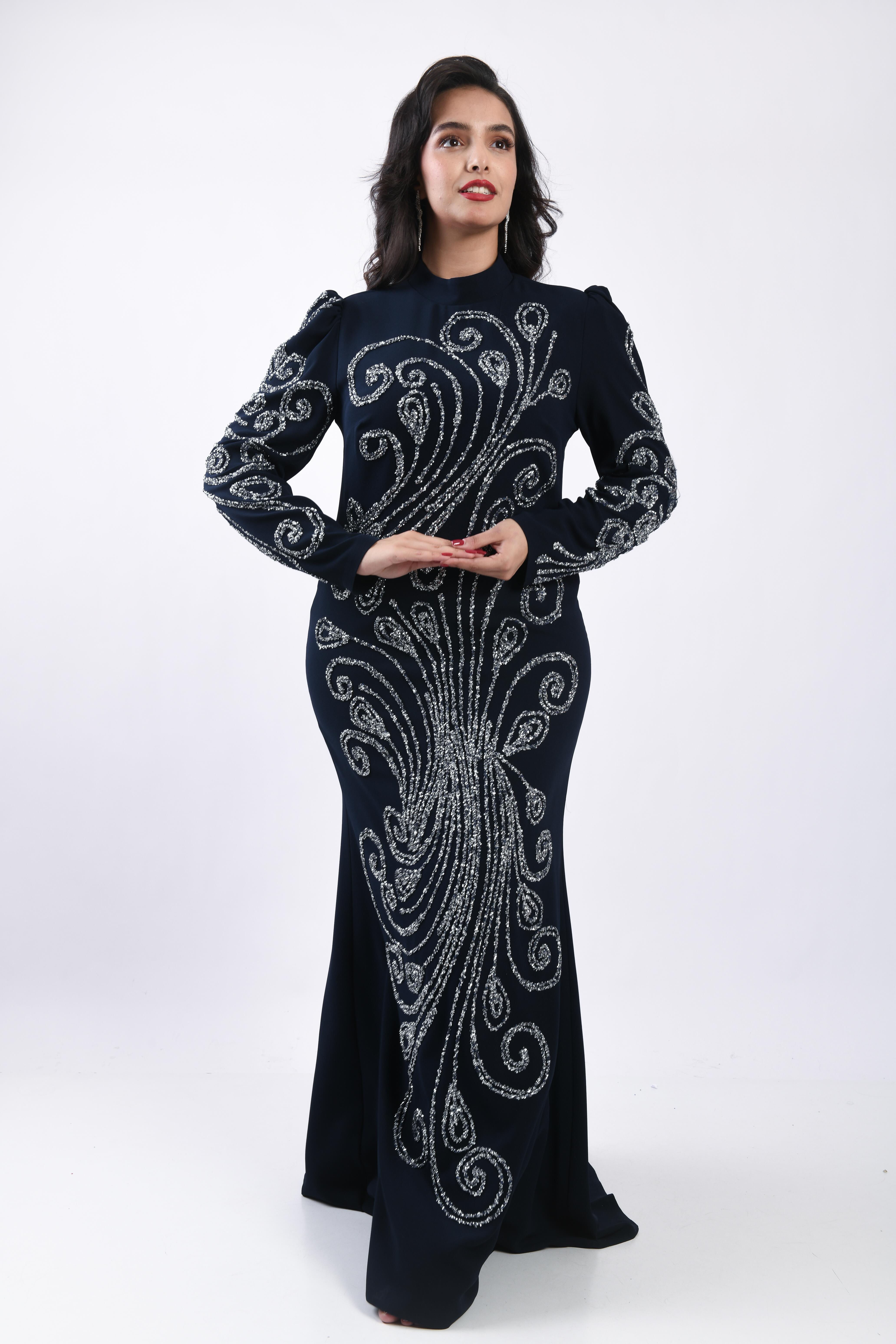 Balık Form Spiral Taşlı Uzun Abiye Lacivert OTW3149