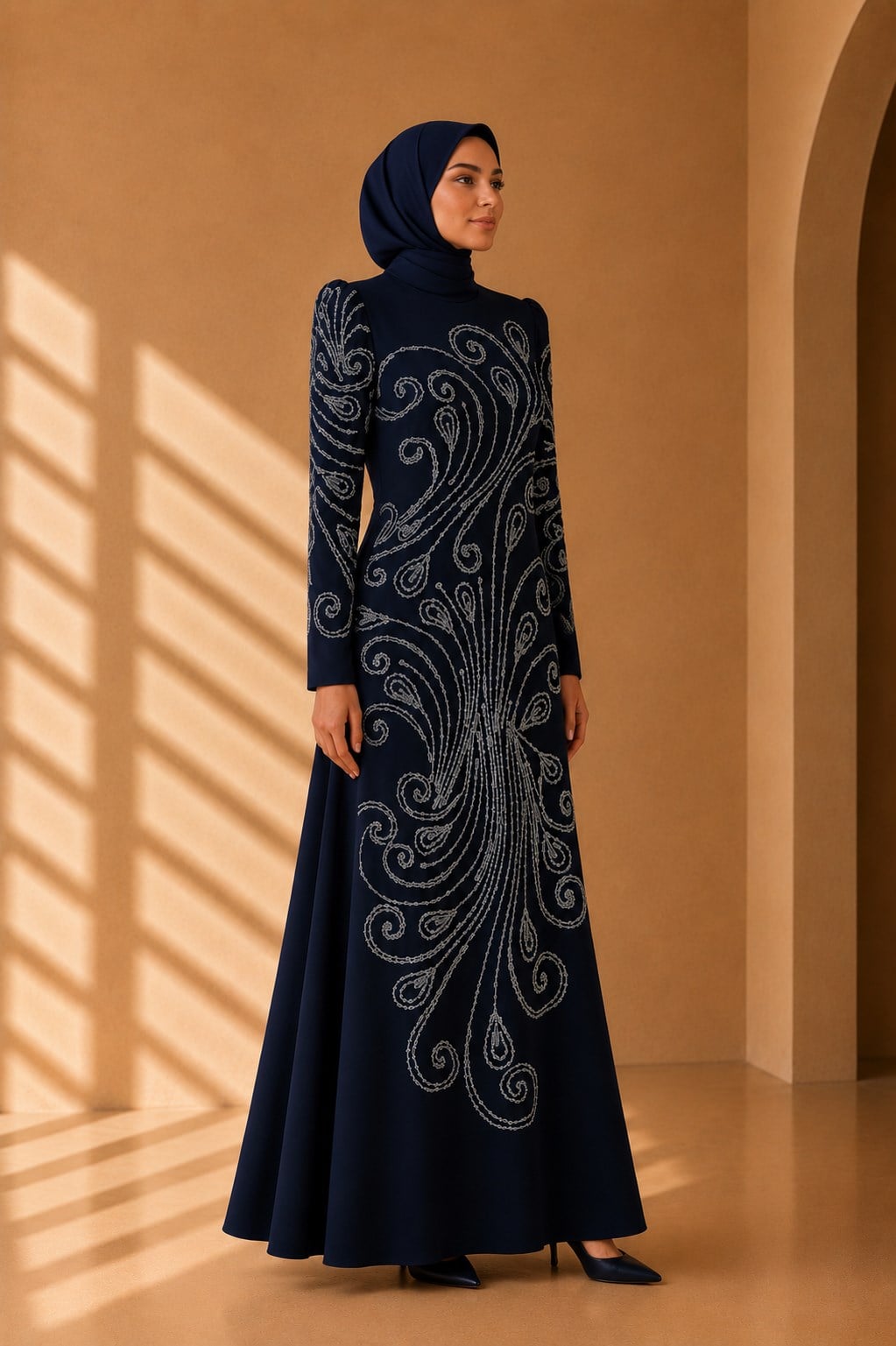 Balık Form Spiral Taşlı Uzun Abiye Lacivert OTW3149