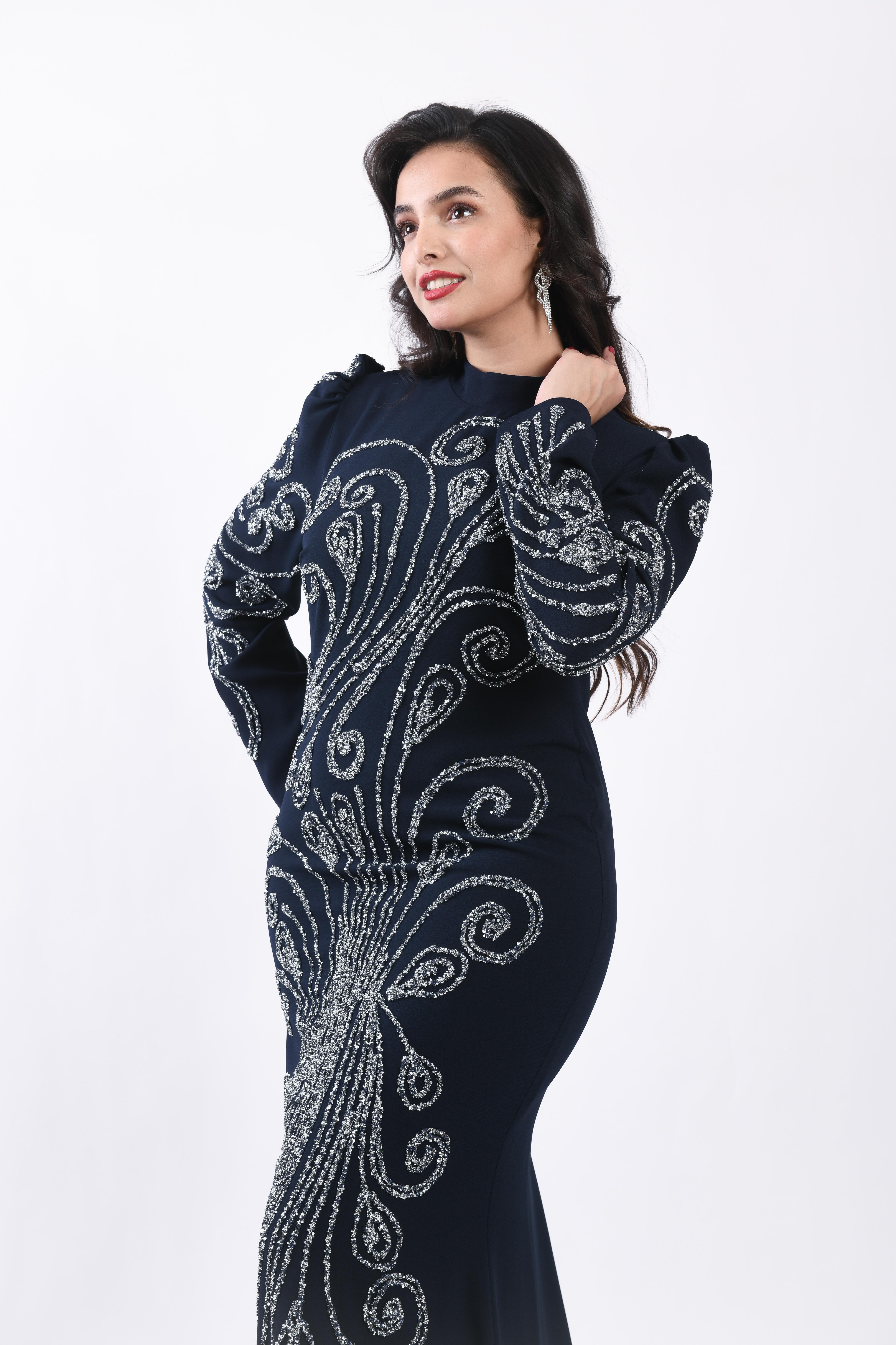 Balık Form Spiral Taşlı Uzun Abiye Lacivert OTW3149