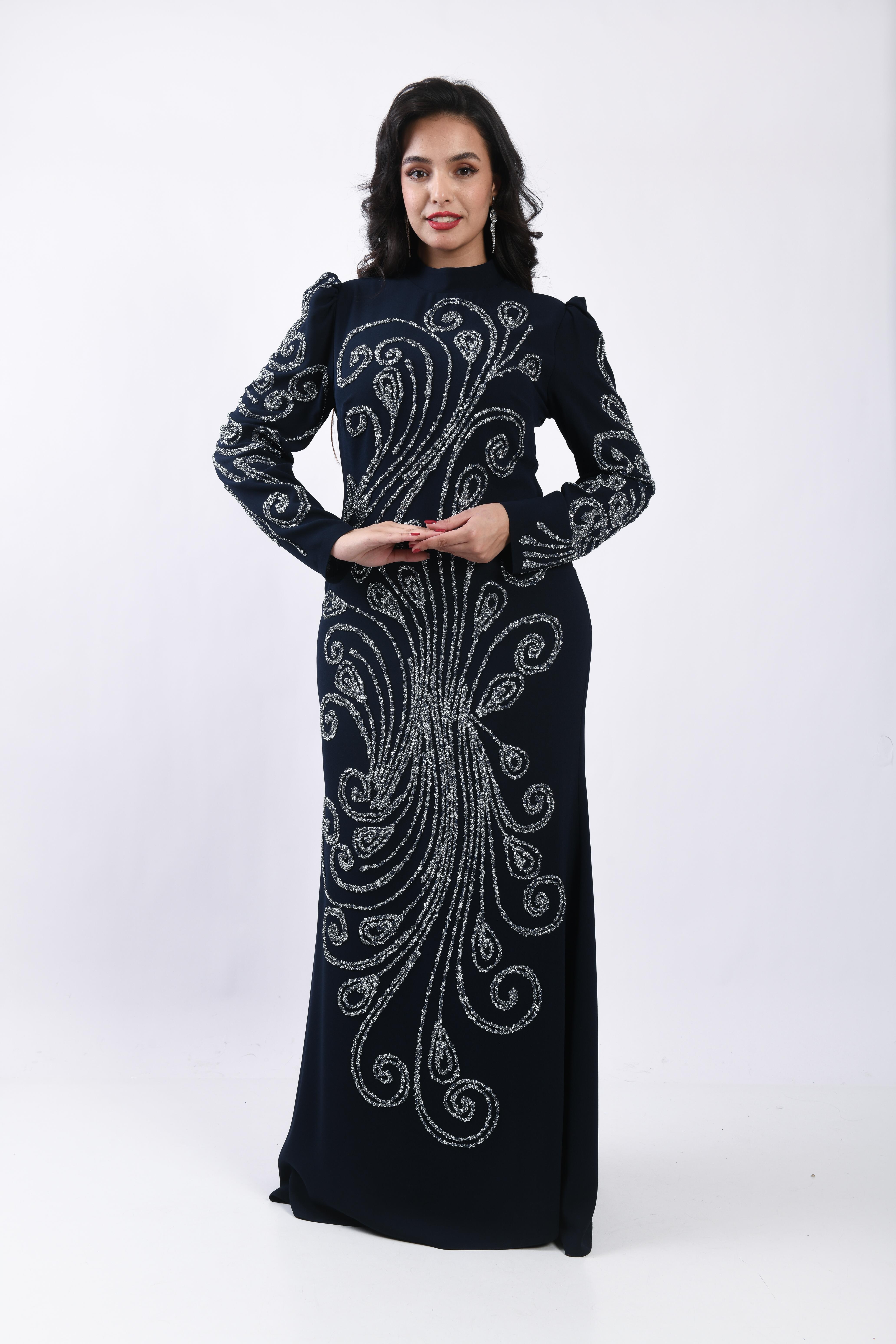 Balık Form Spiral Taşlı Uzun Abiye Lacivert OTW3149