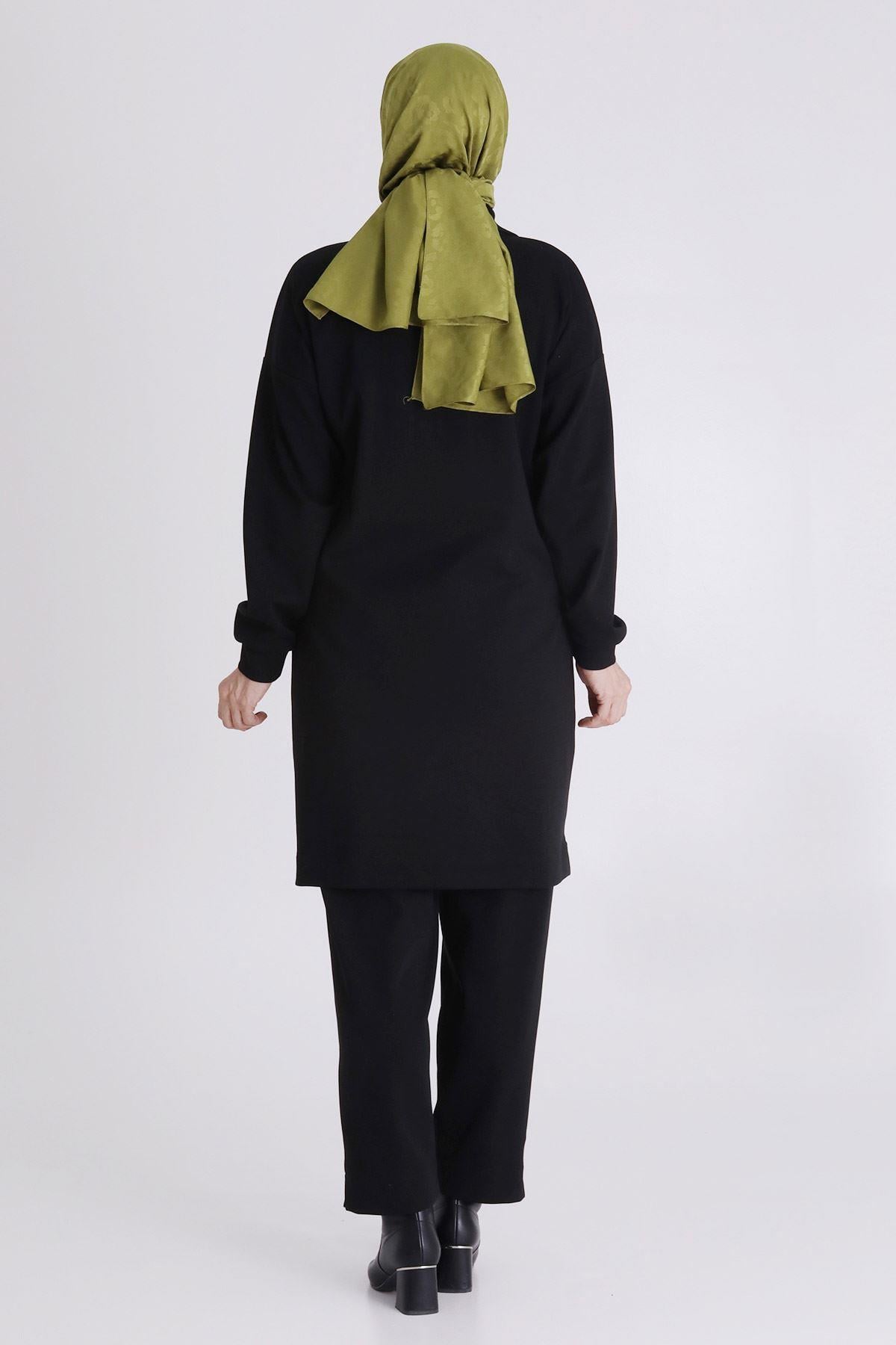 Behrem Aplike Detaylı Siyah Pantolonlu Büyük Beden Takım Siyah OTW35135