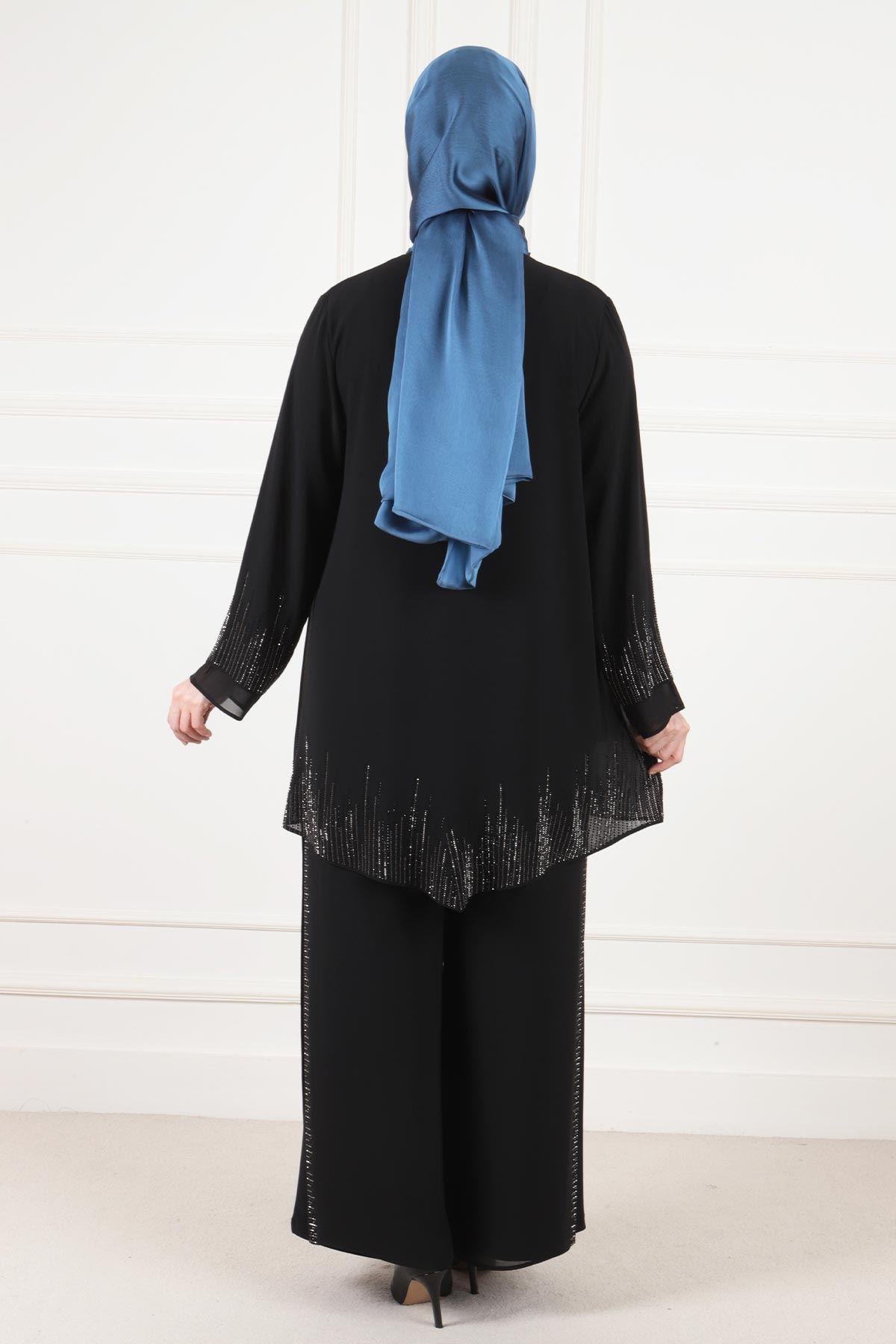 Behrem Büyük Beden Abiye Pantolonlu Takım Siyah OTW60015