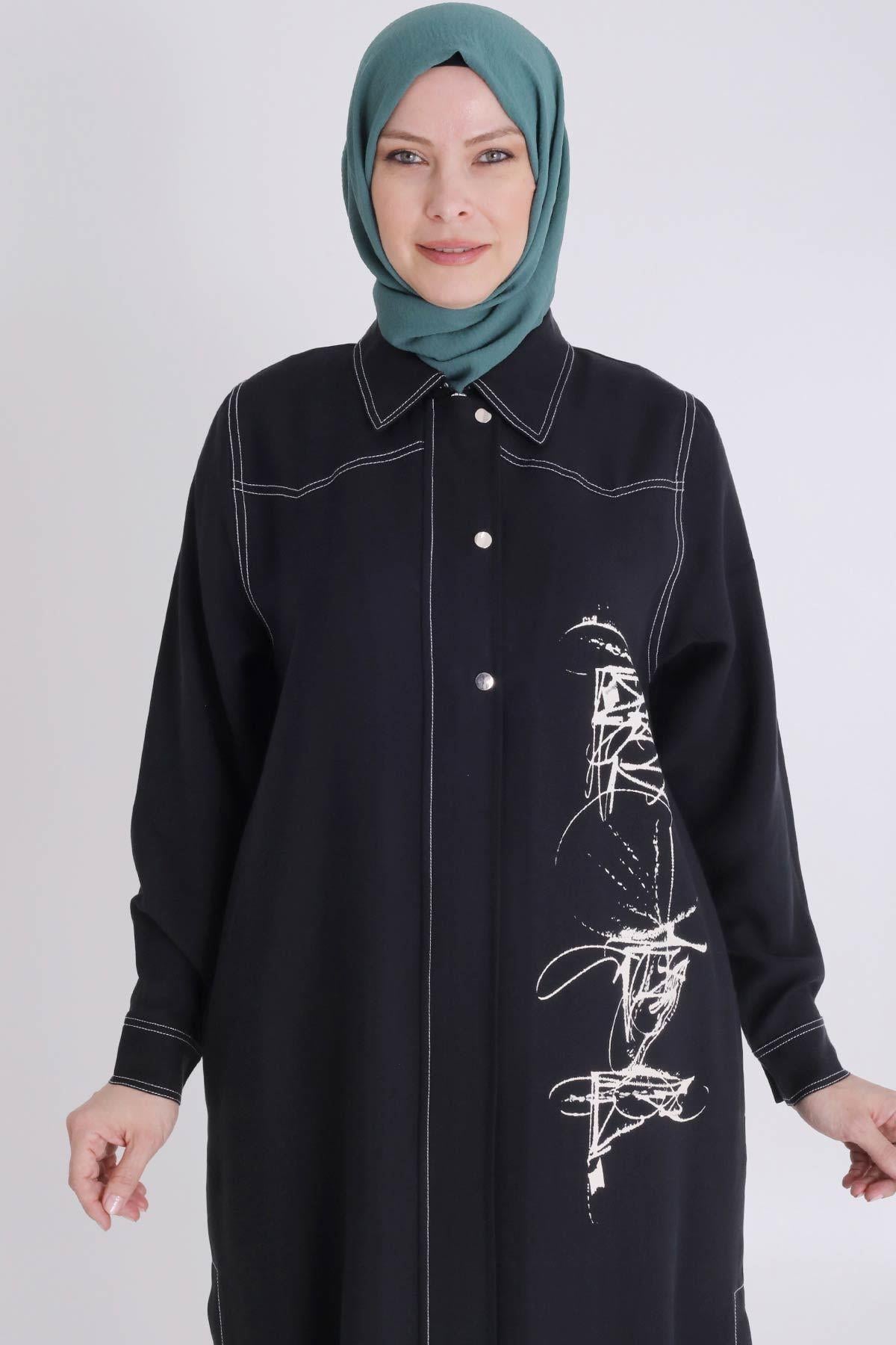 Behrem Büyük Beden Baskılı Pantolonlu Takım Siyah OTW35130