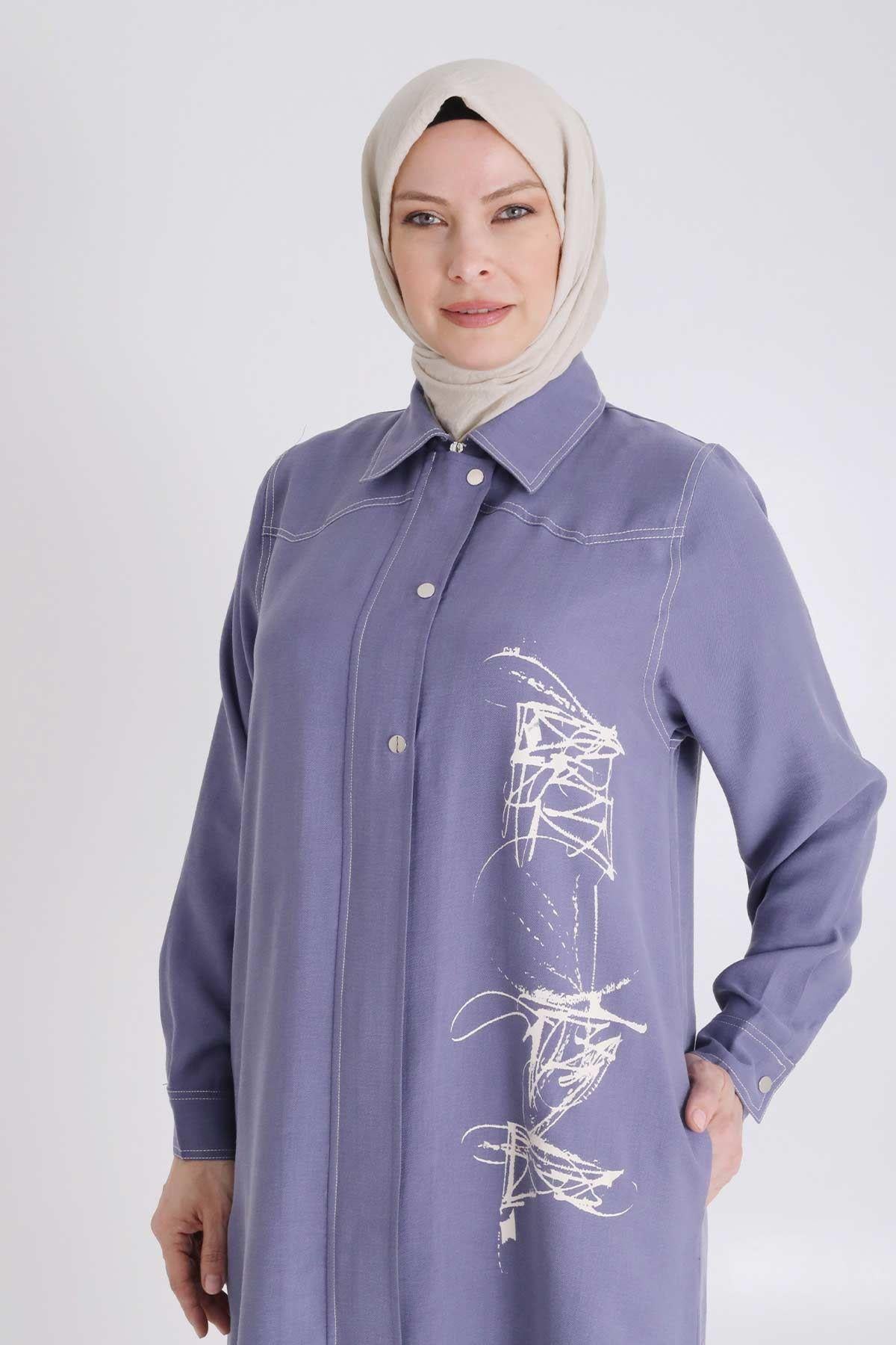 Behrem Büyük Beden Baskılı Pantolonlu Takım İndigo OTW35130