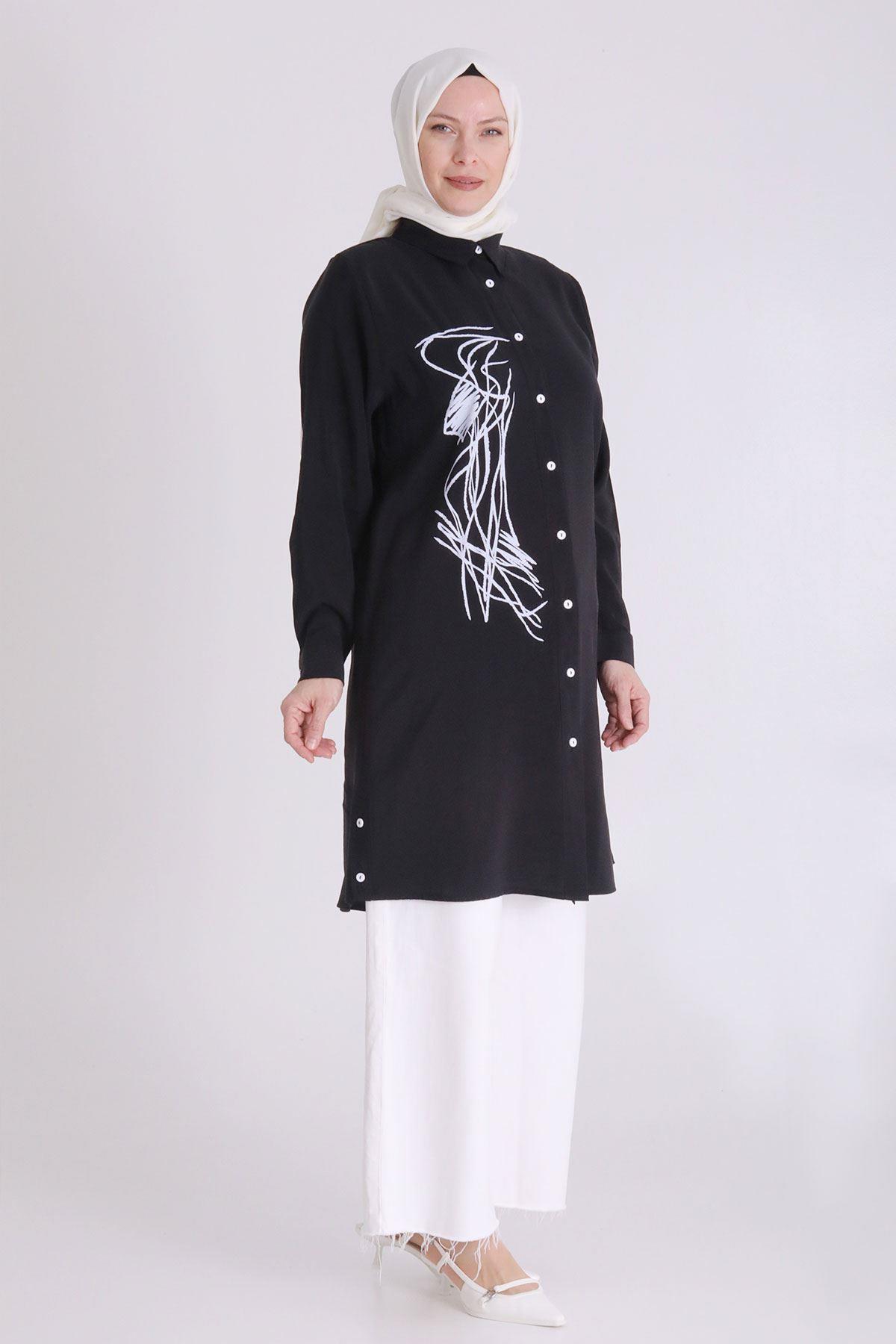 Behrem Büyük Beden Baskılı Tunik Siyah OTW2349