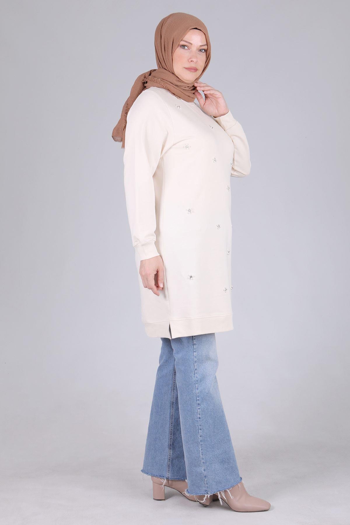 Behrem Büyük Beden İncili Tunik Vanilya OTW2041