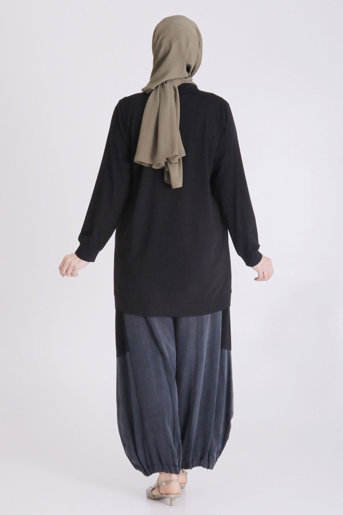 Behrem Büyük Beden İpek Qupra Pantolonlu Takım Siyah OTW35128