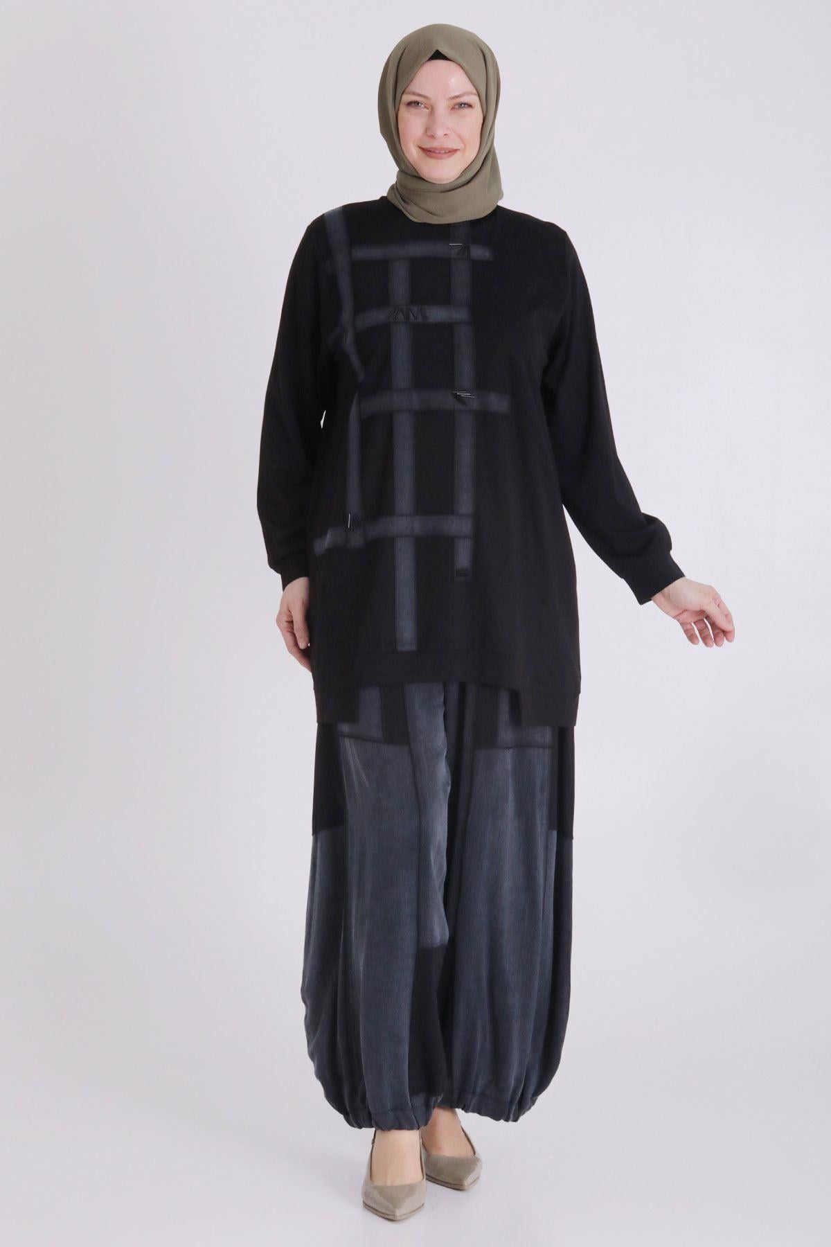 Behrem Büyük Beden İpek Qupra Pantolonlu Takım Siyah OTW35128