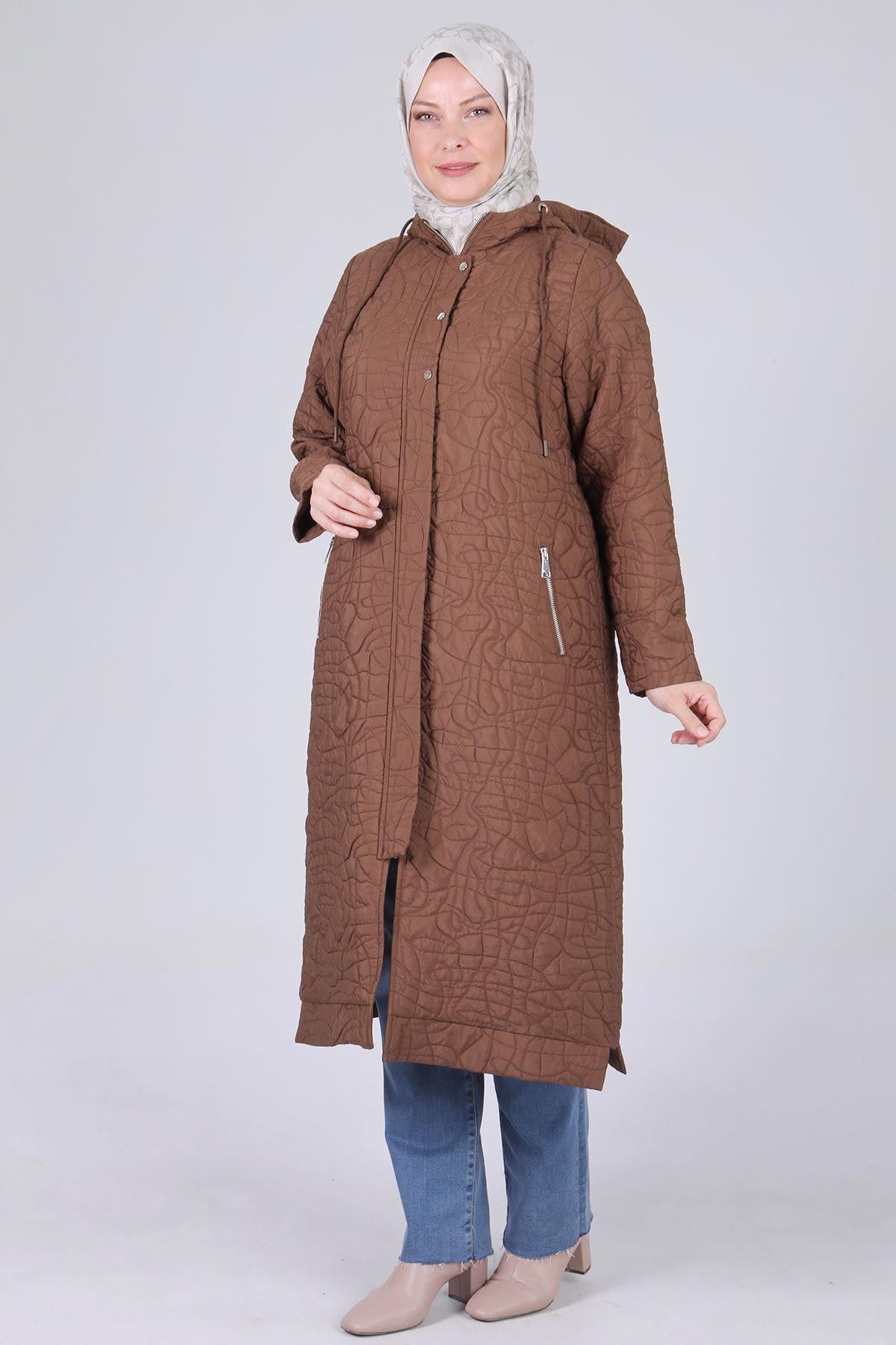 Behrem Büyük Beden Kapüşonlu Kap Kakao OTW25105