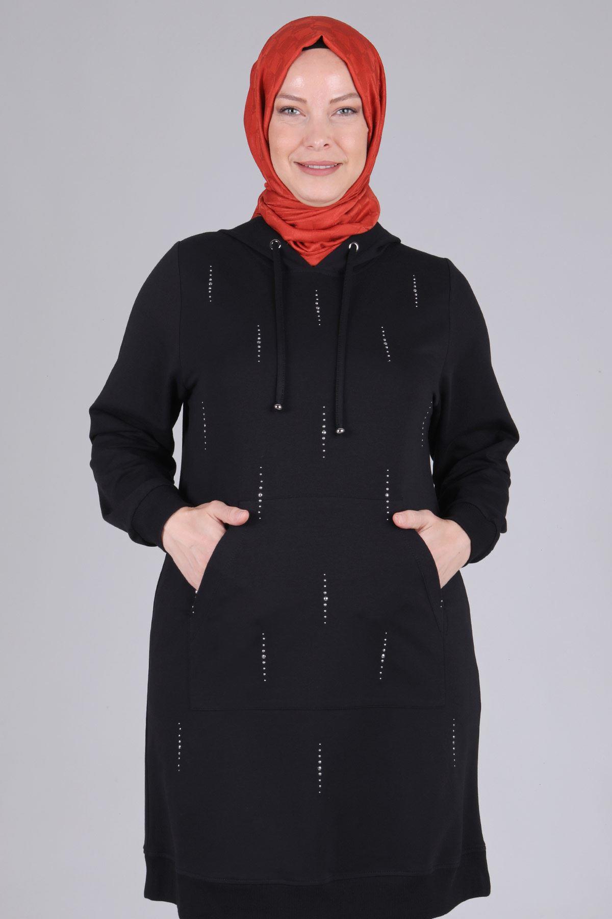 Behrem Büyük Beden Kapüşonlu Tunik Siyah OTW2042