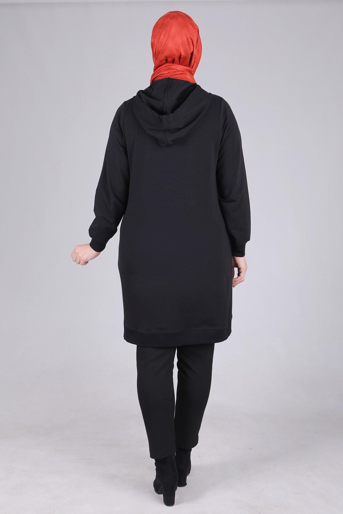 Behrem Büyük Beden Kapüşonlu Tunik Siyah OTW2042