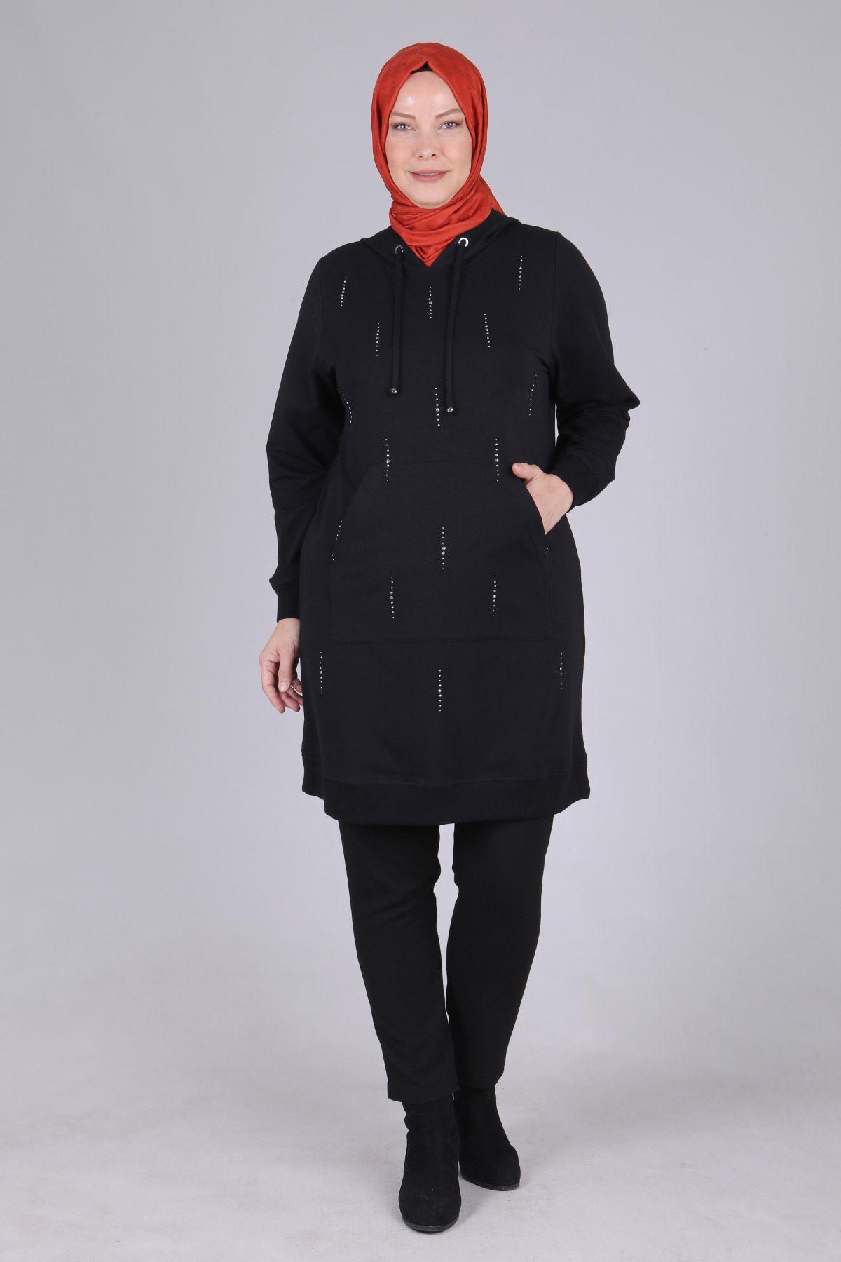 Behrem Büyük Beden Kapüşonlu Tunik Siyah OTW2042