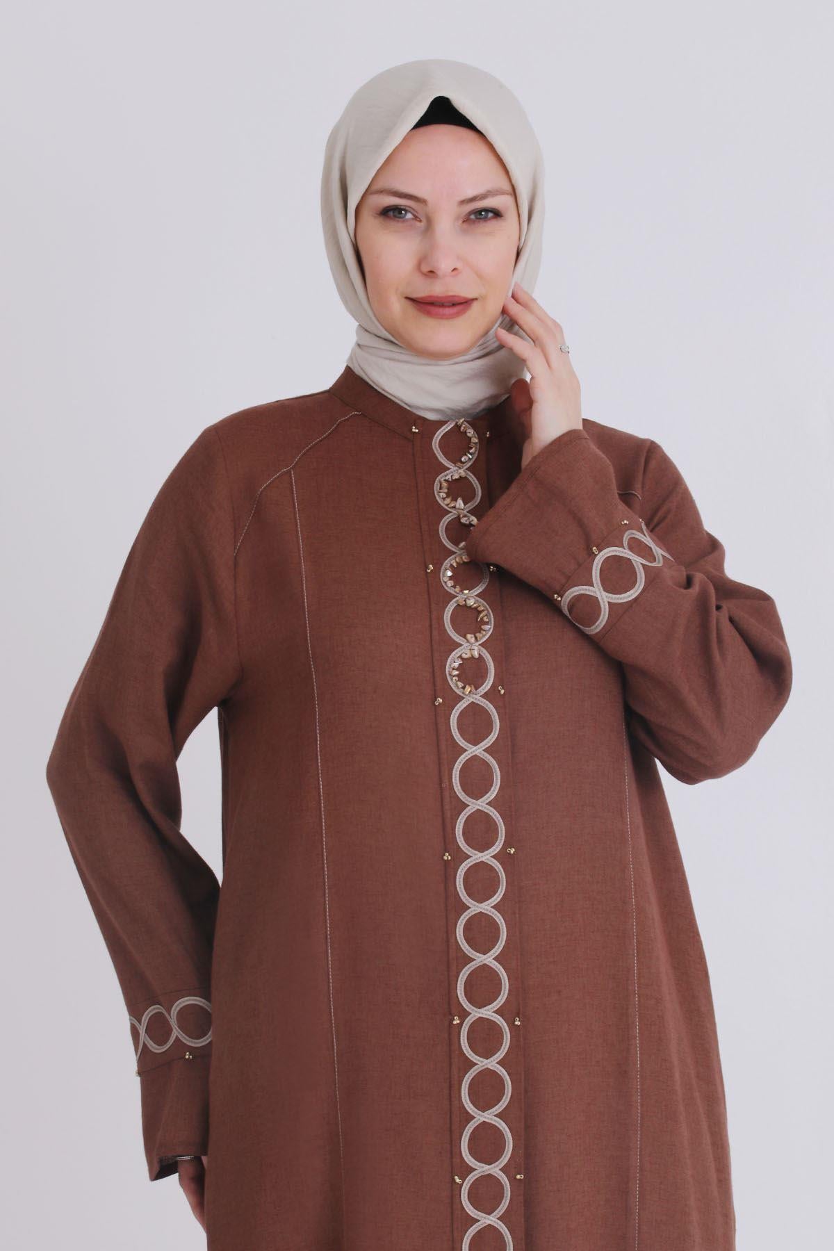 Behrem Büyük Beden Keten Takım Kahve-Bej OTW35120