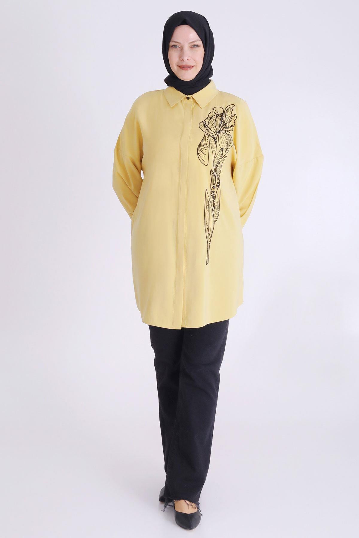 Behrem Büyük Beden Nakış Detaylı Tunik Safran OTW2350